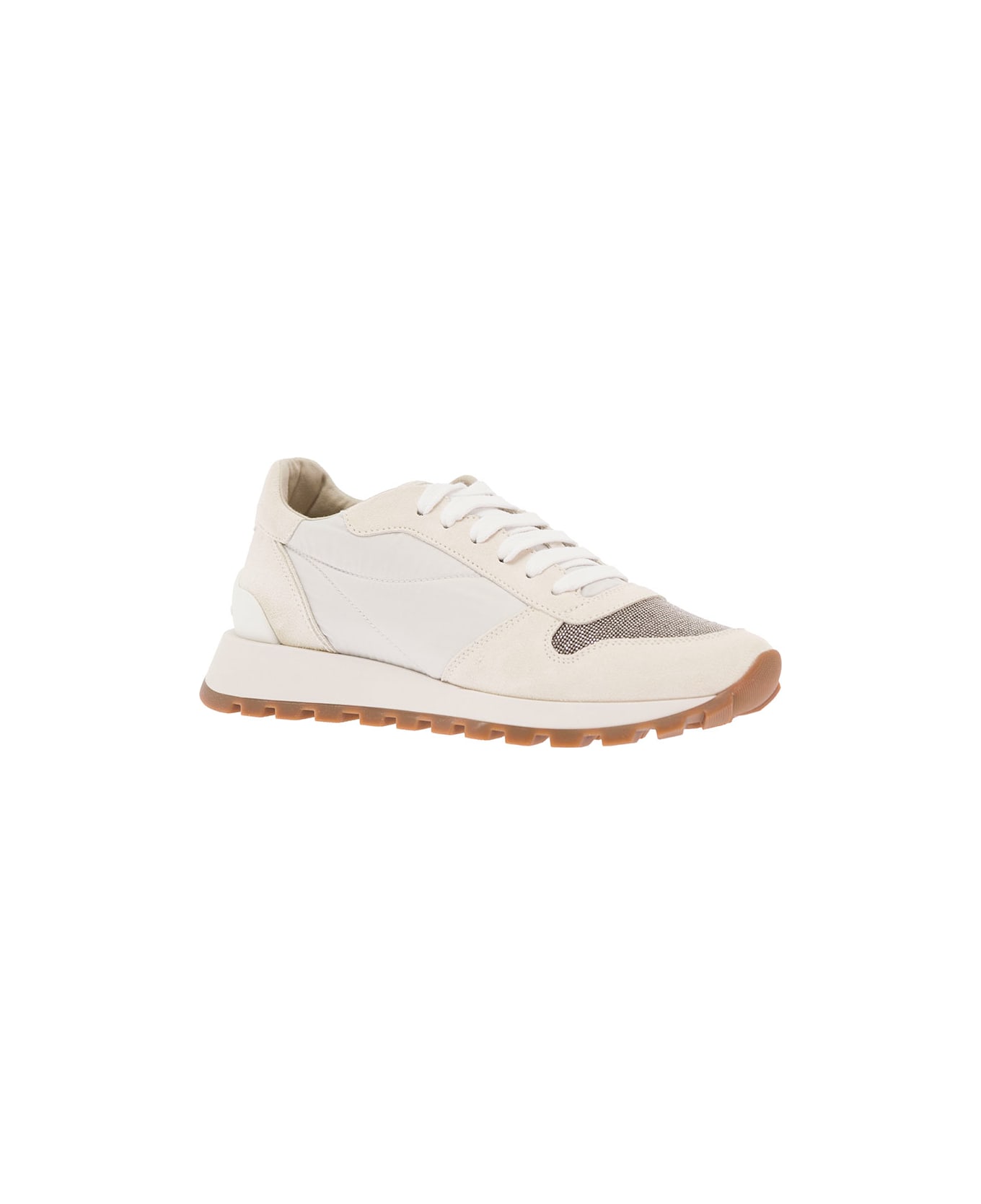Brunello Cucinelli Woman's Runner White Leather Sneakers With Monile Insert - White
