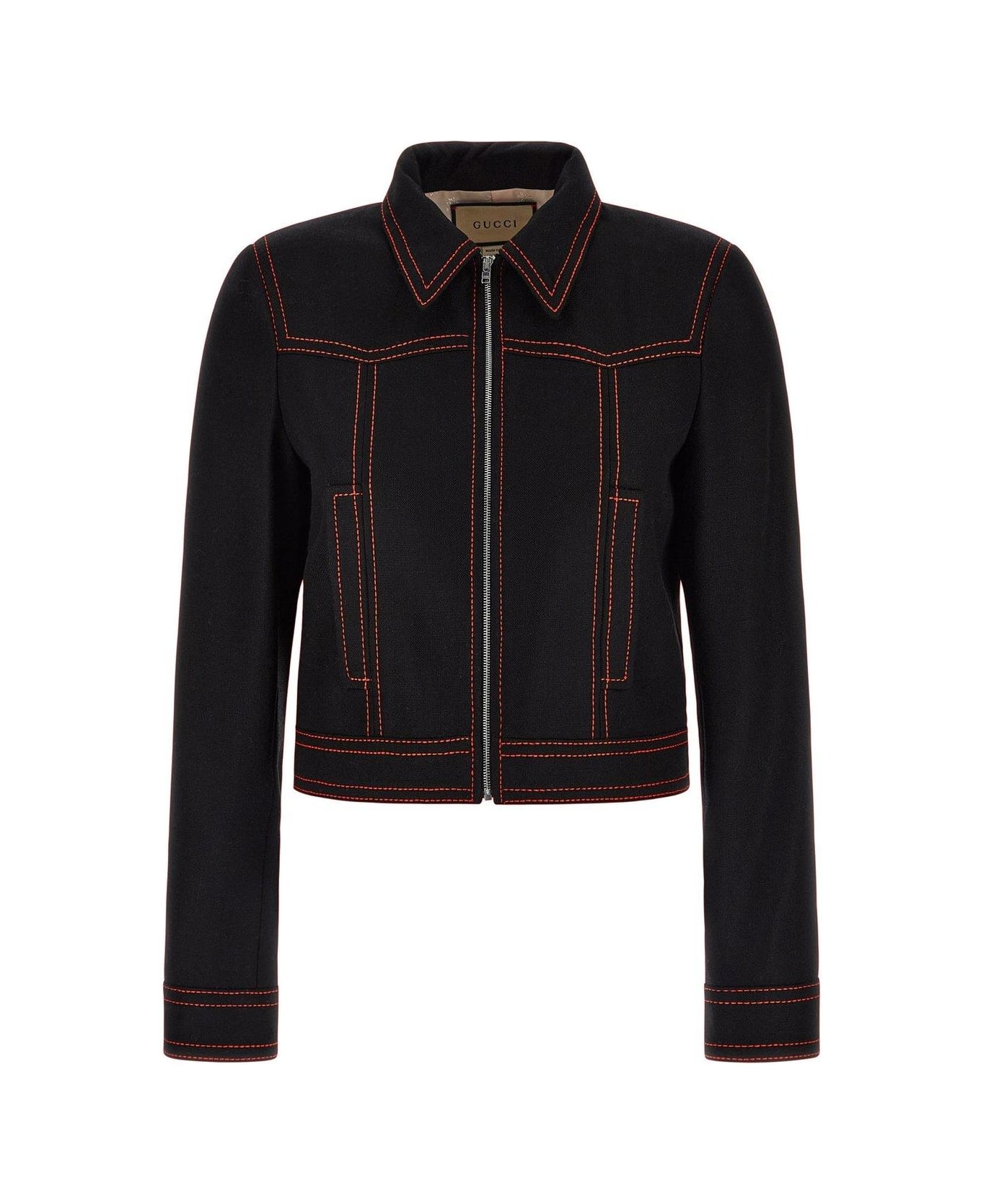 Gucci Top Stitched Long Sleeved Bomber Jacket - Black