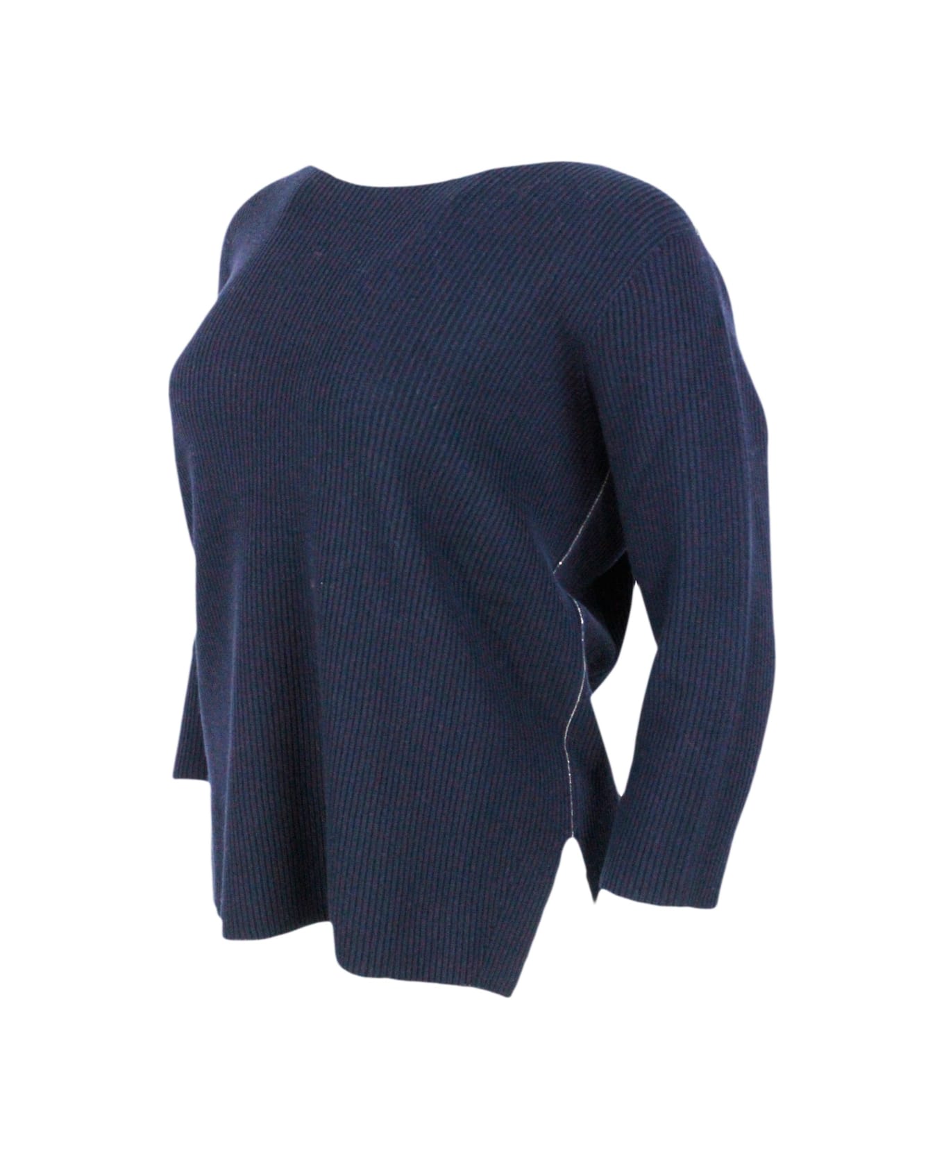 Fabiana Filippi Long-sleeved Boat-neck Sweater In Wool And Cotton Embellished With Brilliant Monili On The Neck - Blu