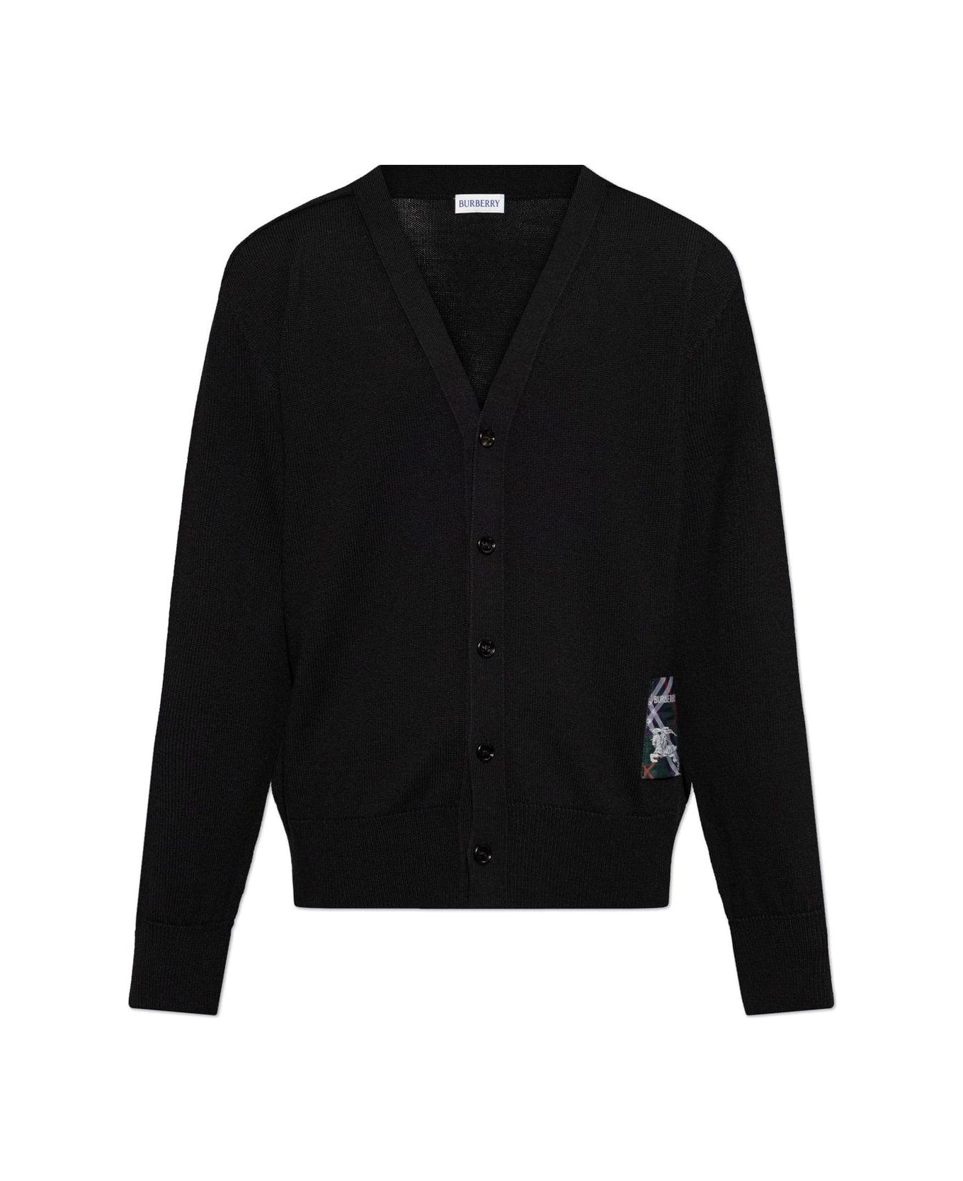 Burberry Logo Patch V-neck Knitted Cardigan - Black
