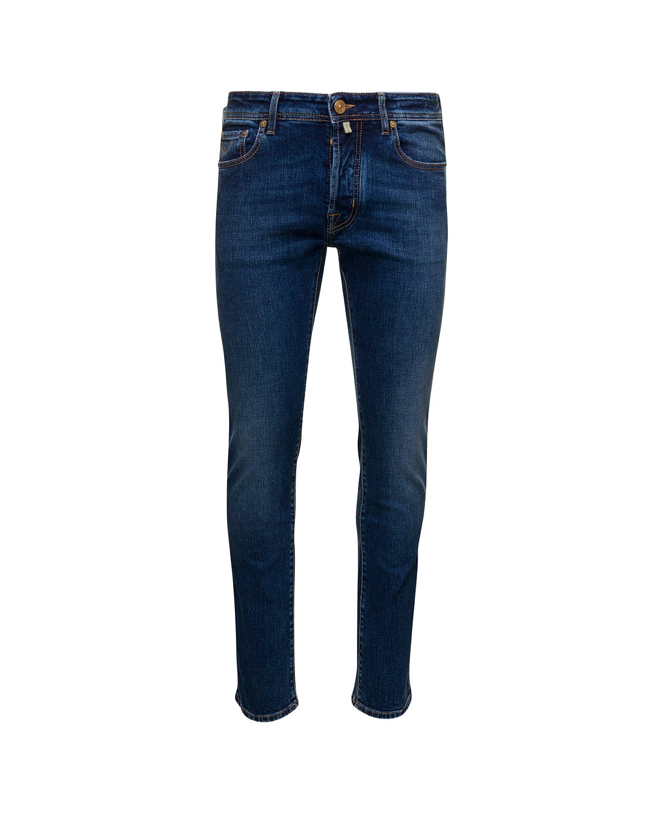 Jacob Cohen Blue Slim Five Pockets Jeans With Logo Patch In Stretch Cotton Denim Man - Blu
