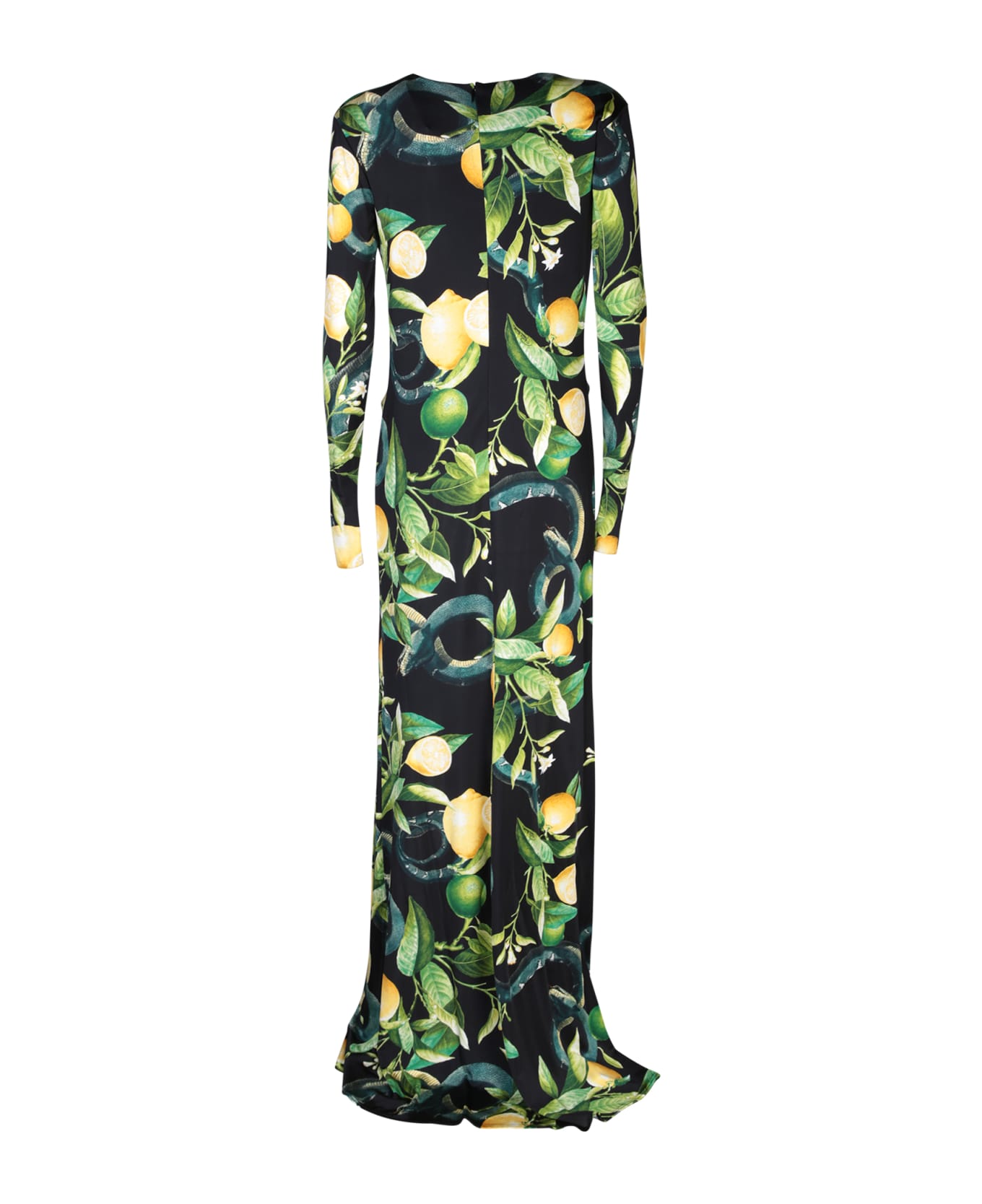 Roberto Cavalli Long Black Dress With Lemons Print - Black