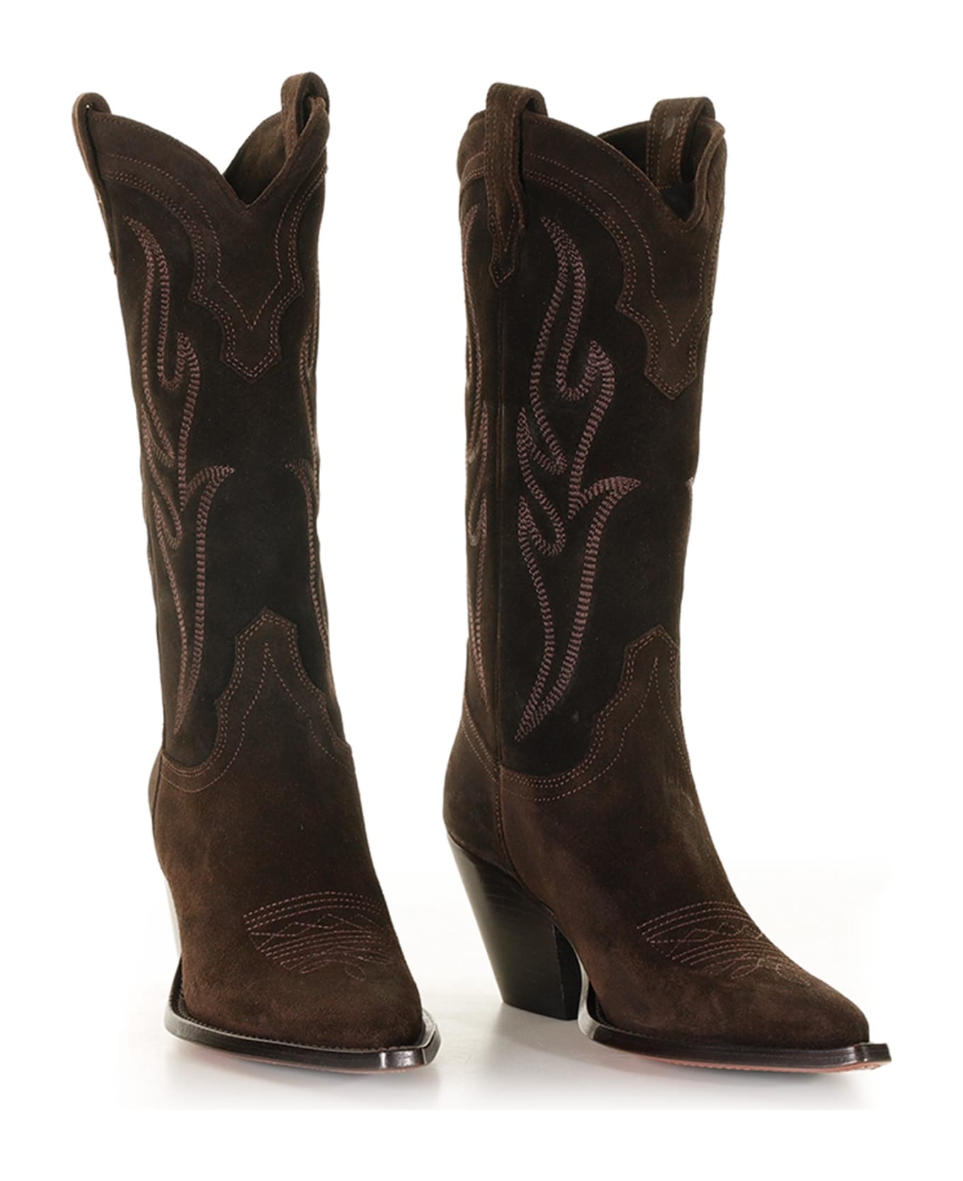 Sonora Santa Fe Cowboy Style Texan Boot In Embroidered Suede - BROWN