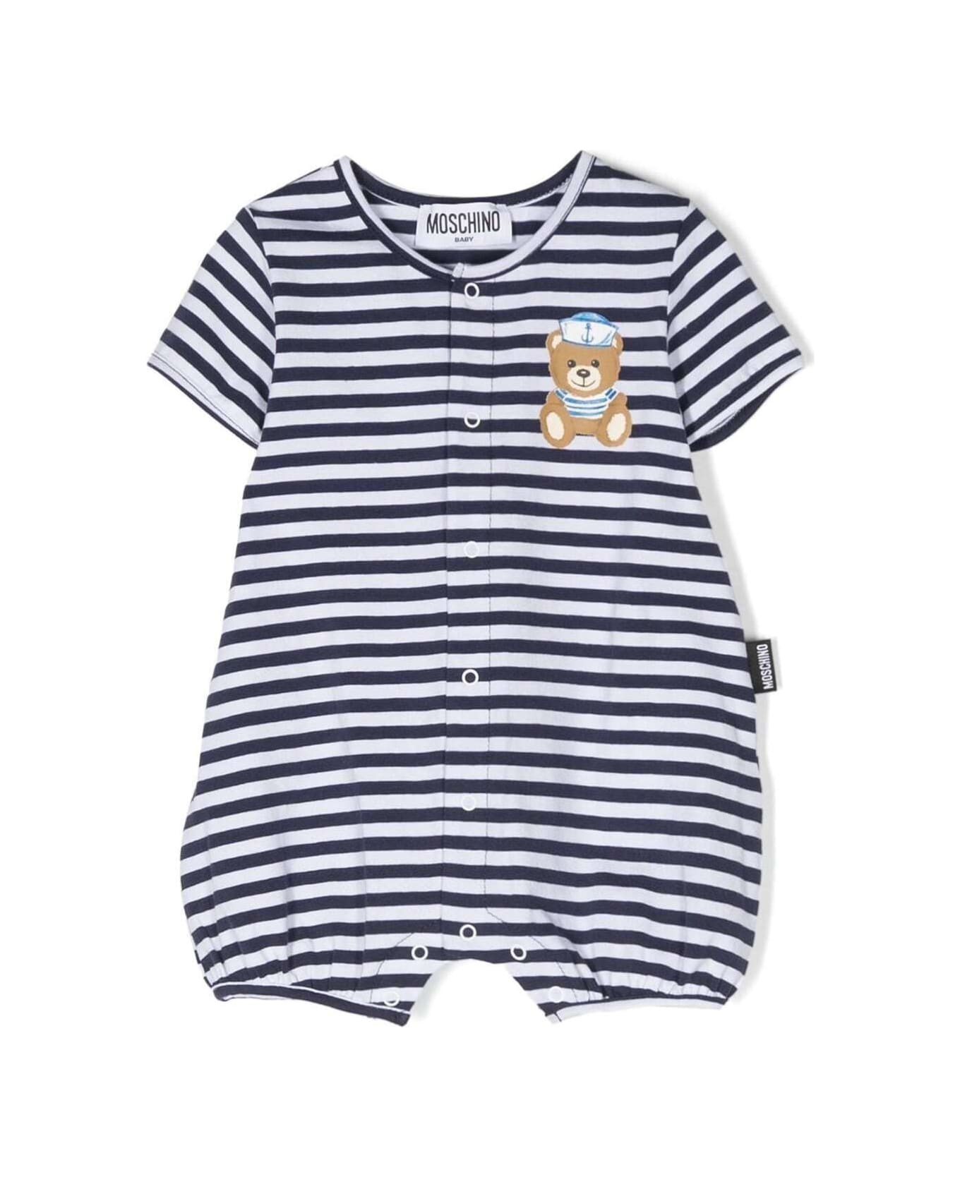 Moschino Stripe Print Romper With Teddy Bear In White Cotton Baby - Multicolor