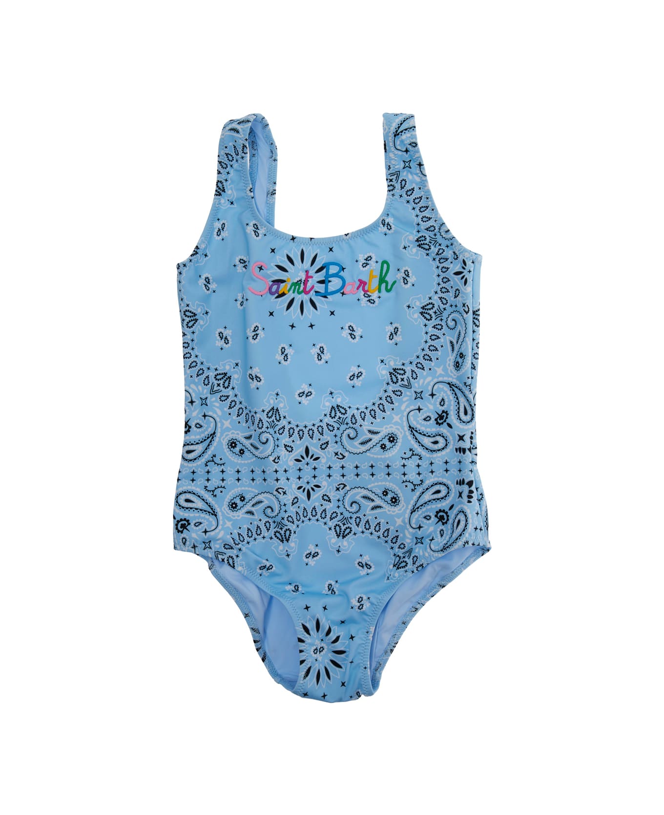 MC2 Saint Barth Light Blue Swimsuit With Embroidered Logo On The Front And All-over Bandana Print In Tech Fabric Girl - Light blue