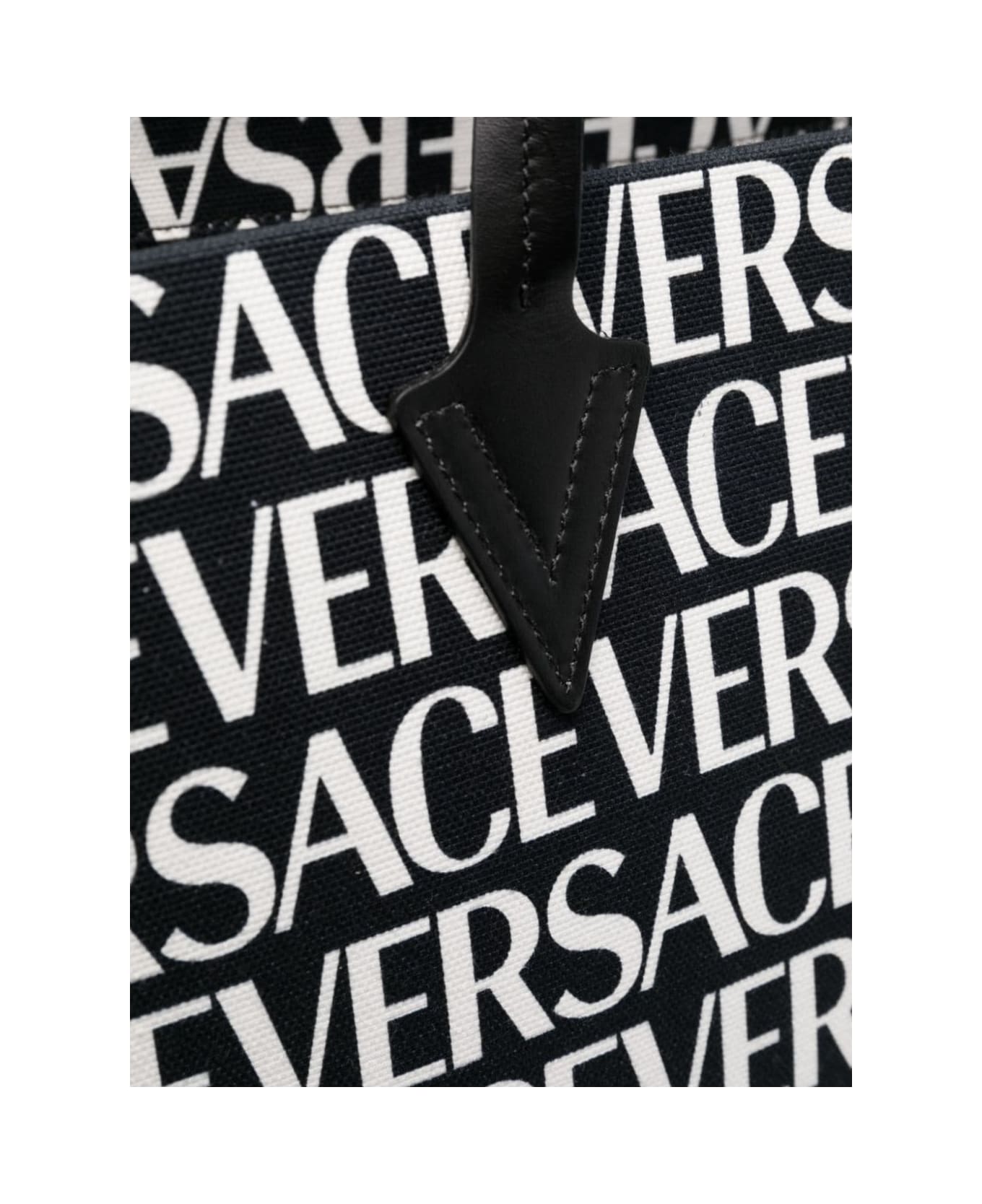 Versace Repeat Tote Bag With All-over Logo Print In Black Canvas Woman - Black