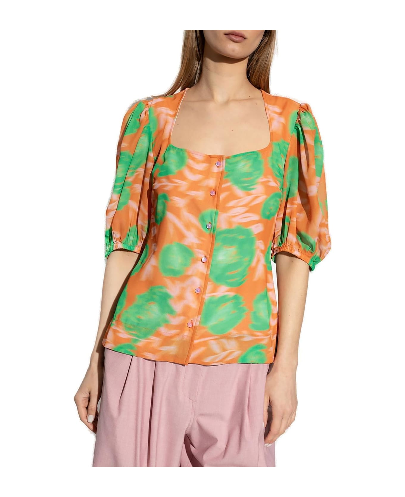 Ganni Floral-printed Button-up Crepe Blouse - Orange