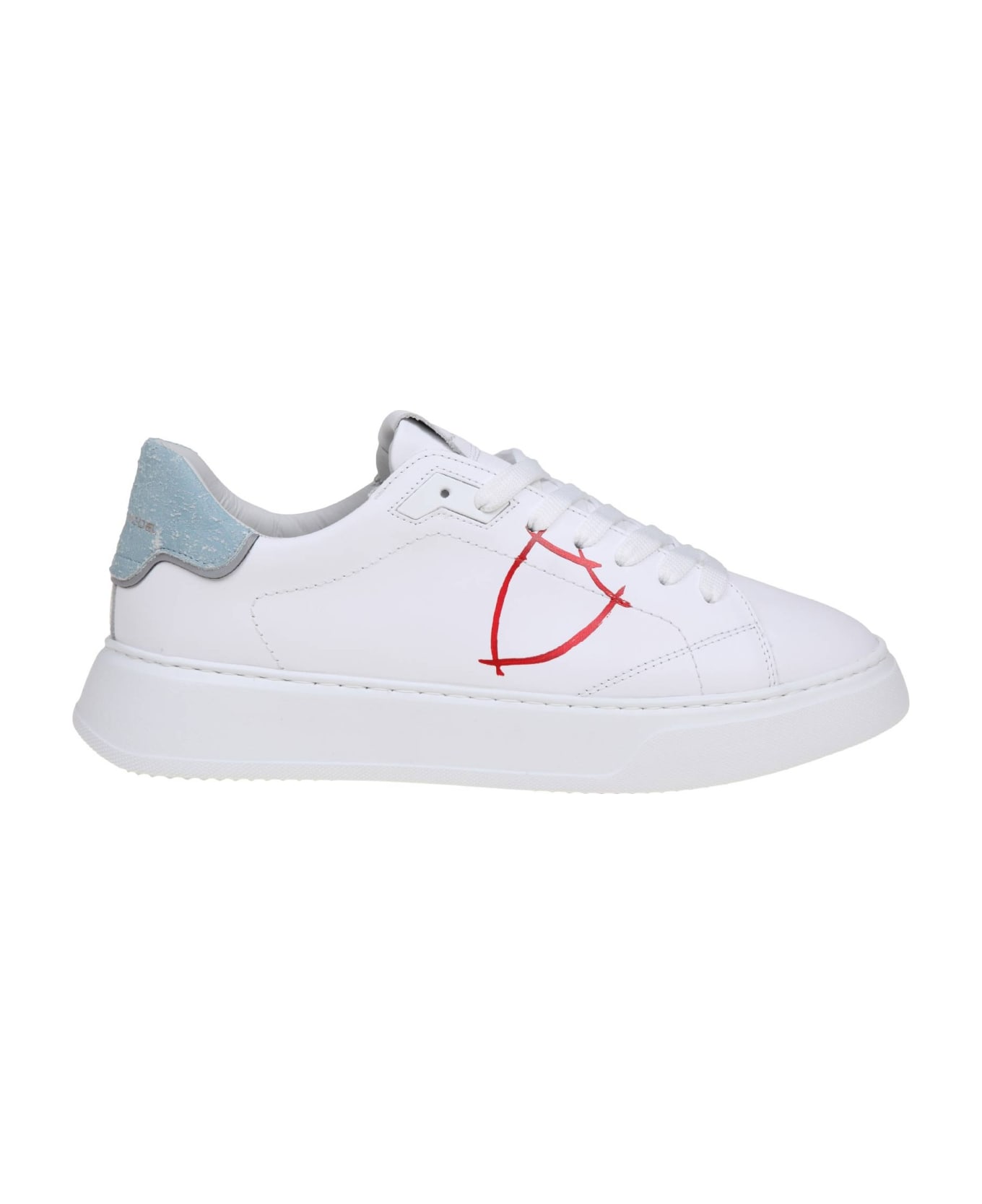 Philippe Model Temple Low Sneakers In White And Light Blue Leather - White/Red スニーカー