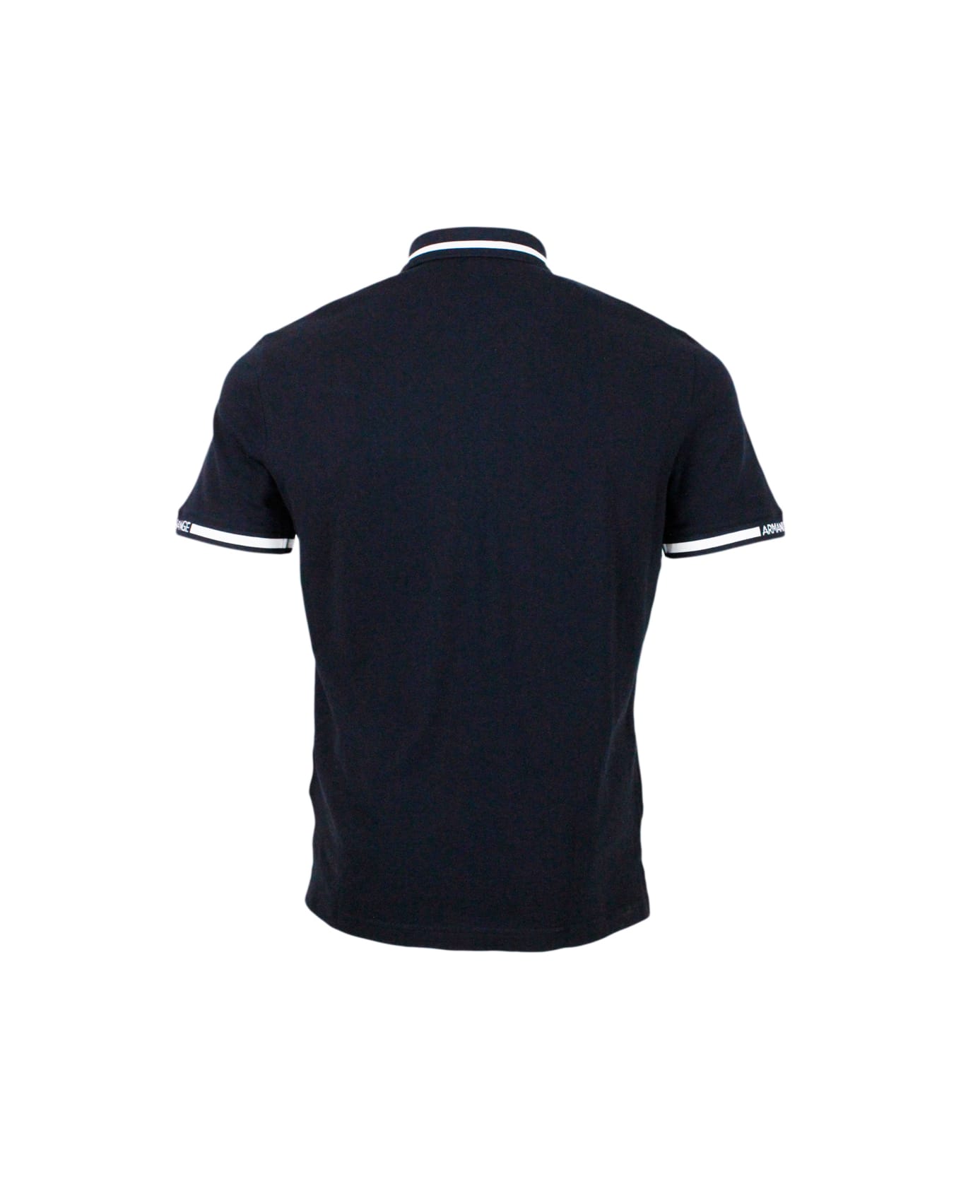 Armani Collezioni Hort-sleeved Pique Cotton Polo Shirt With Zip Closure And Writing On The Collar - Blue