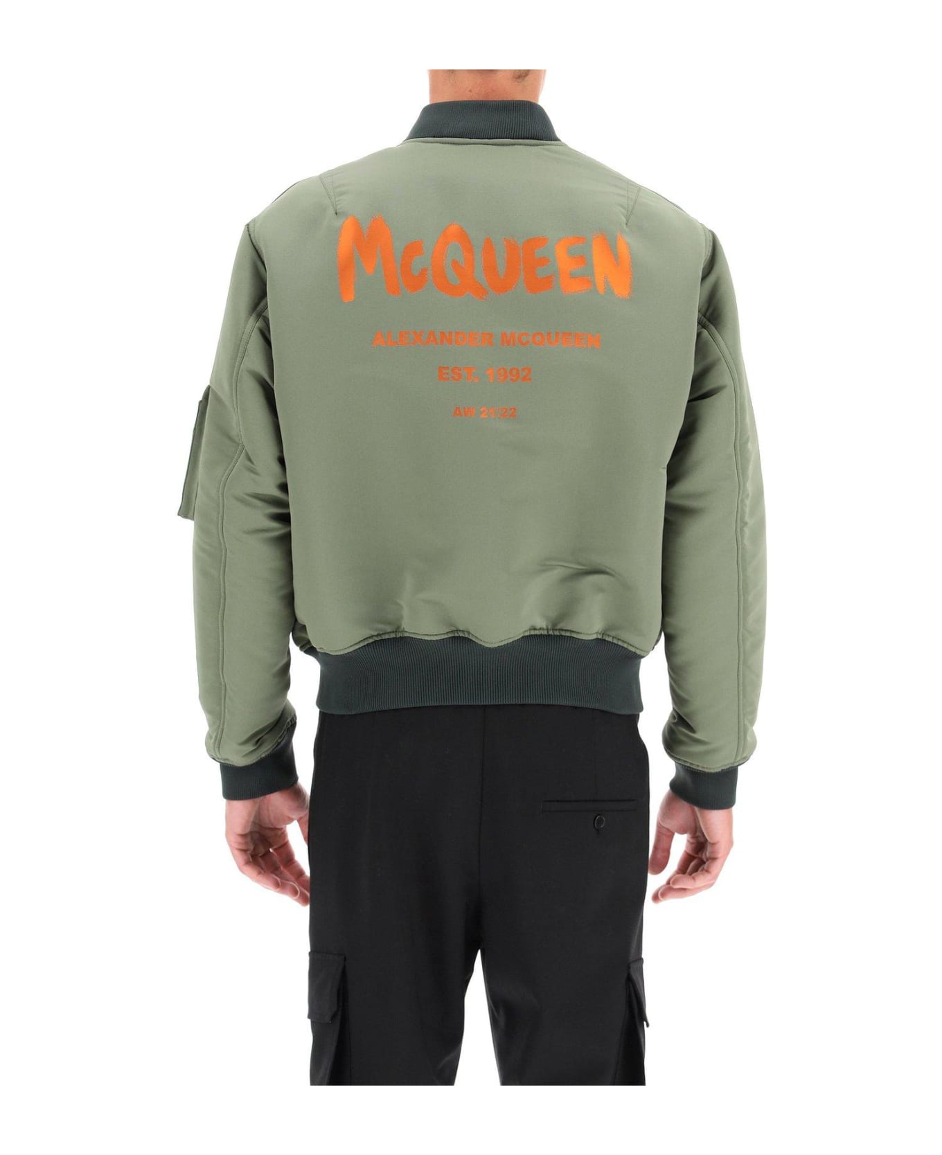 Alexander McQueen Logo Printed Zipped Bomber Jacket - ARMY GREEN
