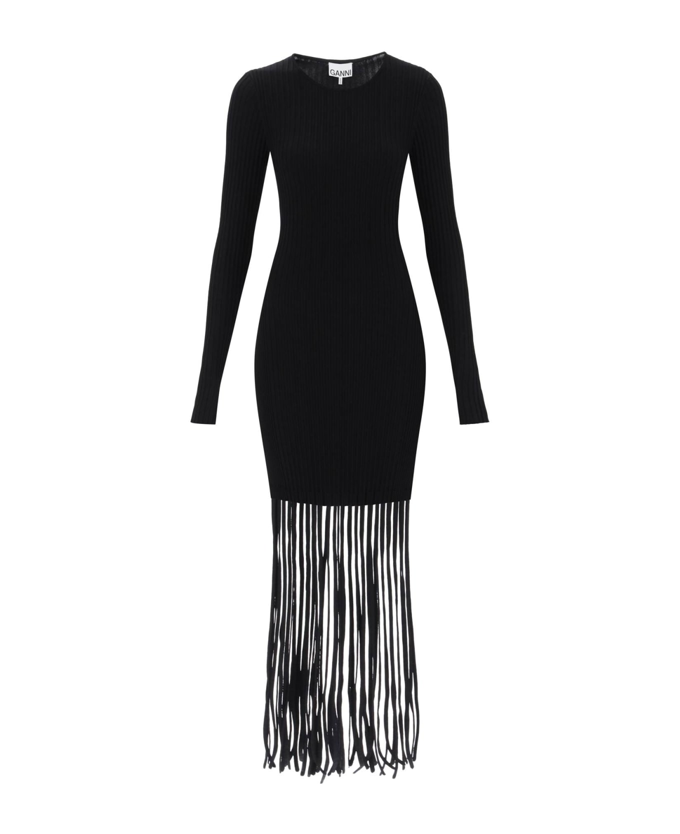 Ganni Ribbed-knit Dress With Fringes - BLACK (Black) ワンピース＆ドレス