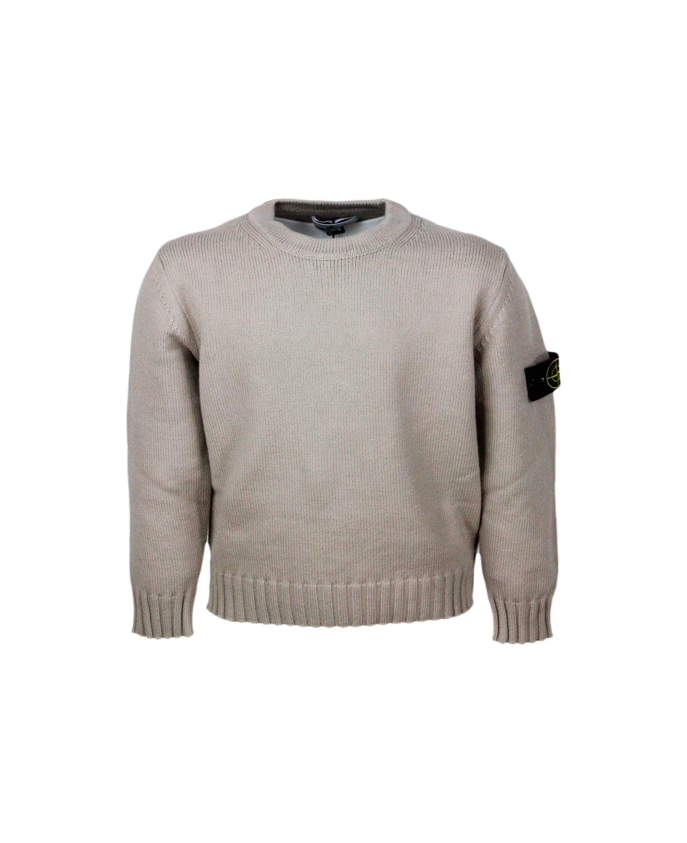 Stone Island Junior Long-sleeved Round-neck Sweater In Warm Cotton With Badge On The Left Sleeve - Nut