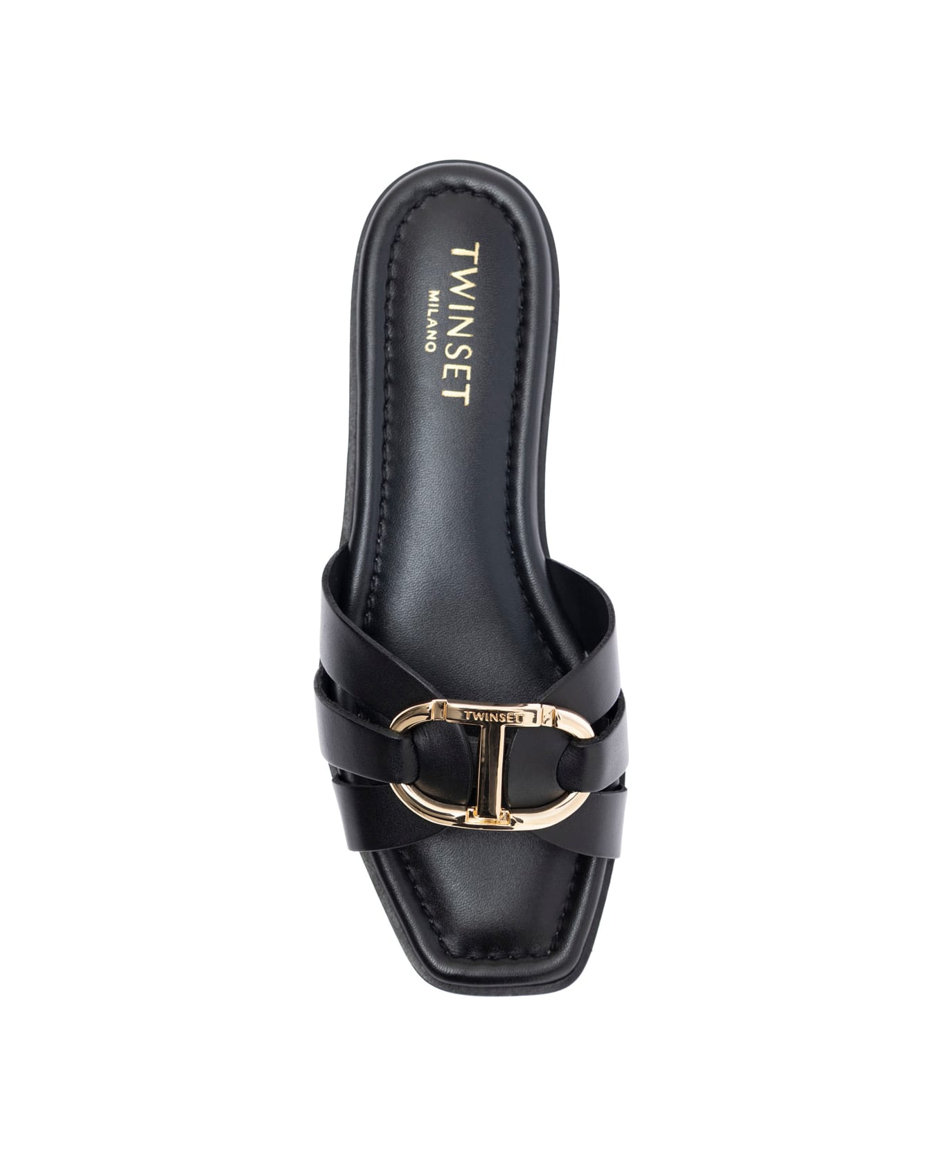 TwinSet Black Sandals With Crisscross Strap And Metallic Oval T On The Front In Leather Woman - Black