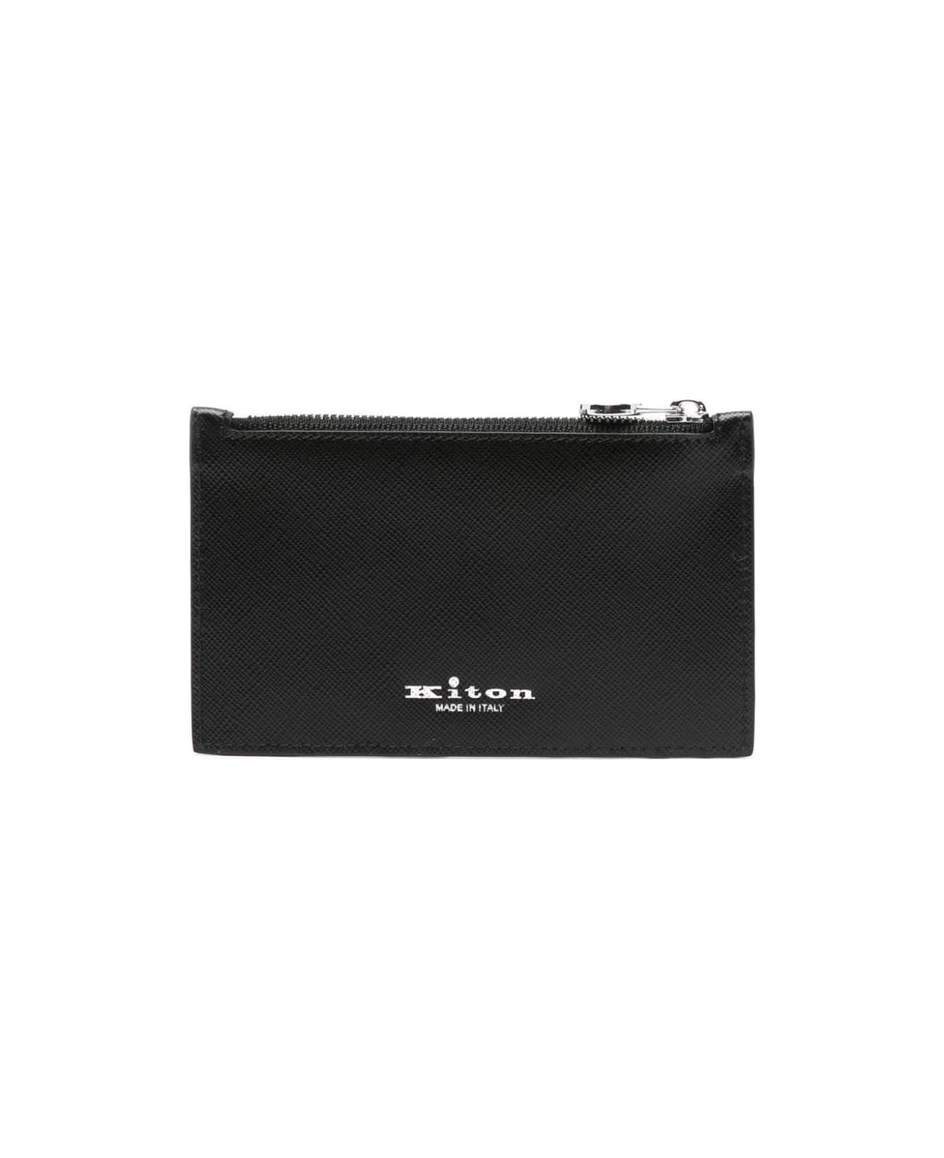 Kiton Black Leather Card Holder With Logo - Black
