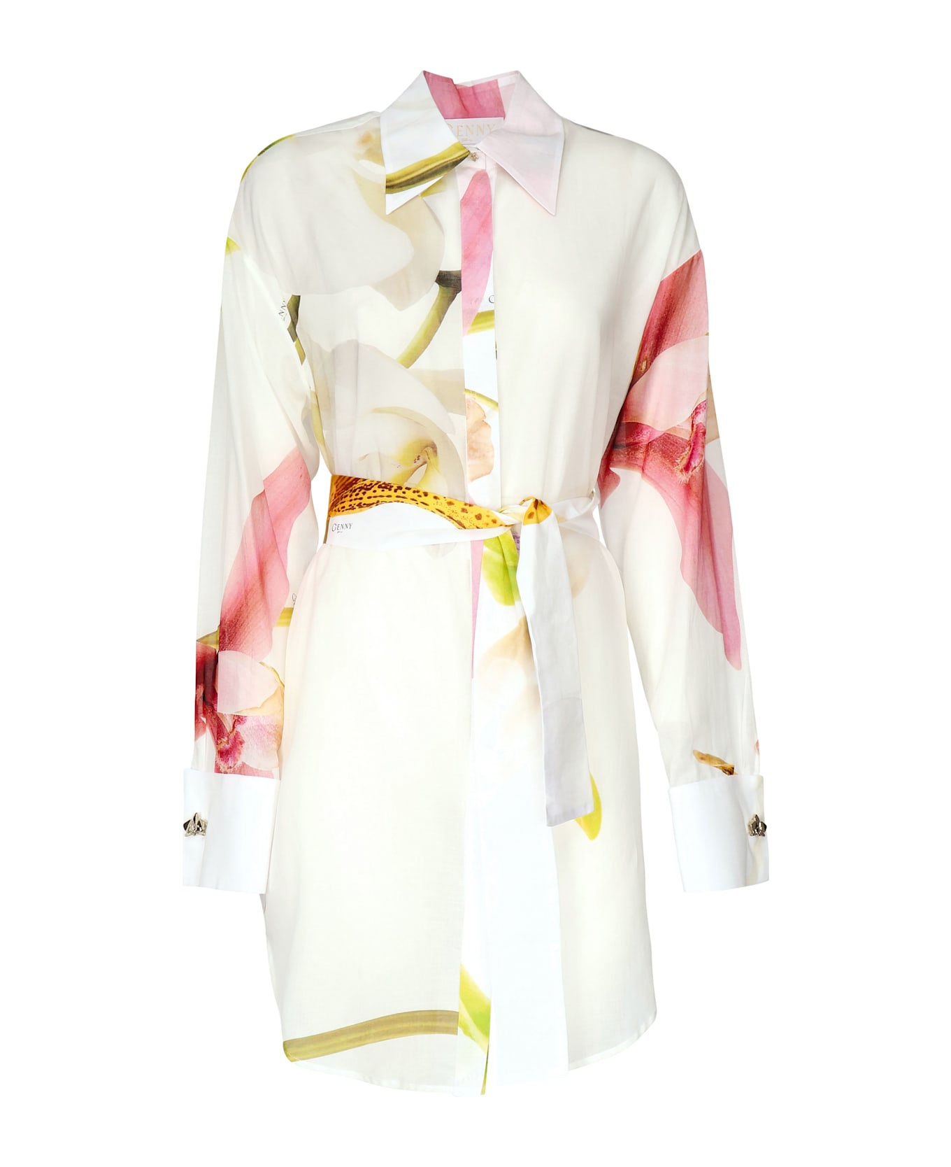 Genny Long Dress With Orchid Print - White