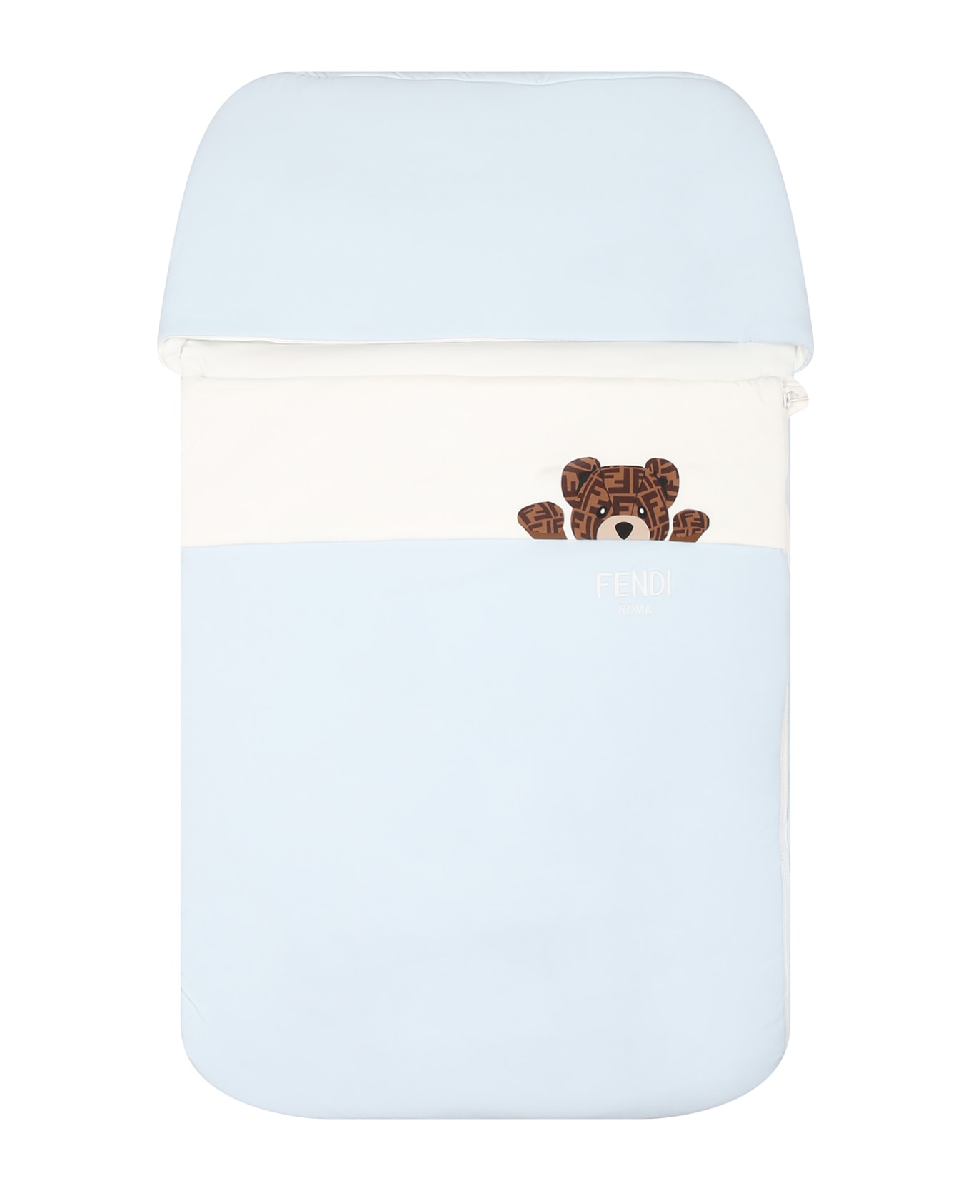 Fendi Light Blue Sleeping Bag For Baby Boy With Bear And Fendi Logo - Light Blue