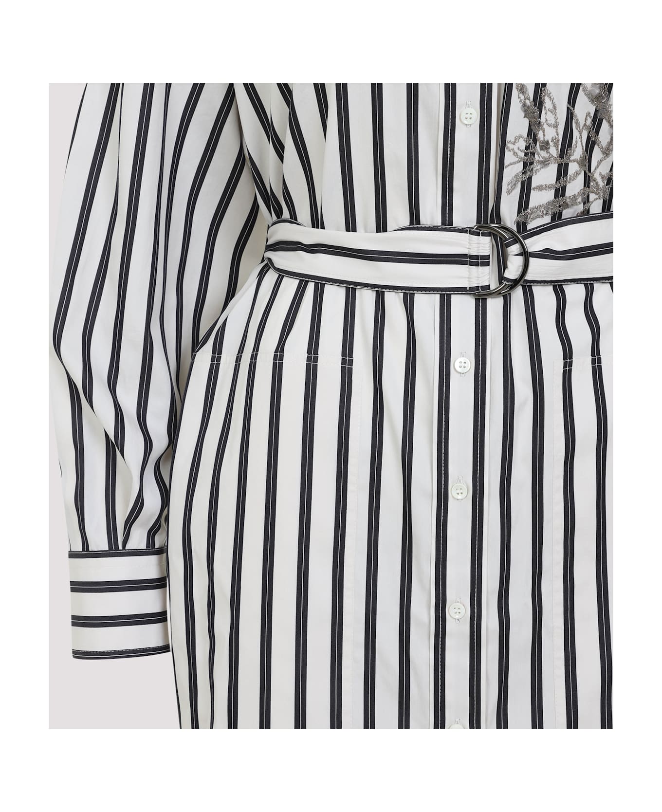 Brunello Cucinelli Regimental Cotton-silk Poplin Dress With Glistening Herbarium Embroidery - White/black