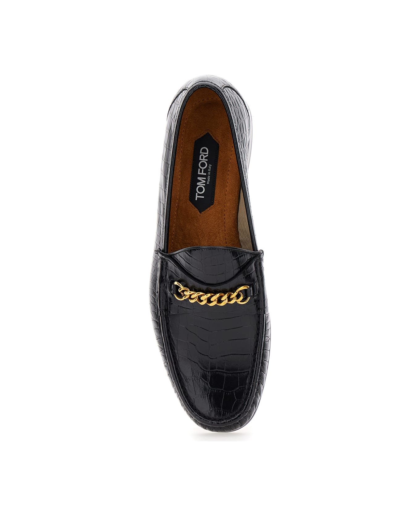 Tom Ford Black Slip-on Loafers With Chain Detail In Croco Effect Leather Man - Black