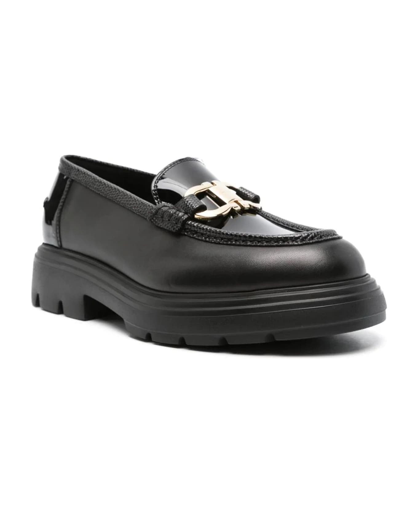Ferragamo Black Calf Leather Gancini Loafers - Nero