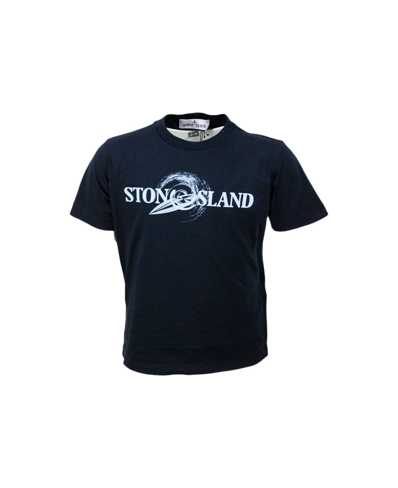 Stone Island Crew-neck Short-sleeved Cotton T-shirt With Rubberized Logo On The Front - Blu