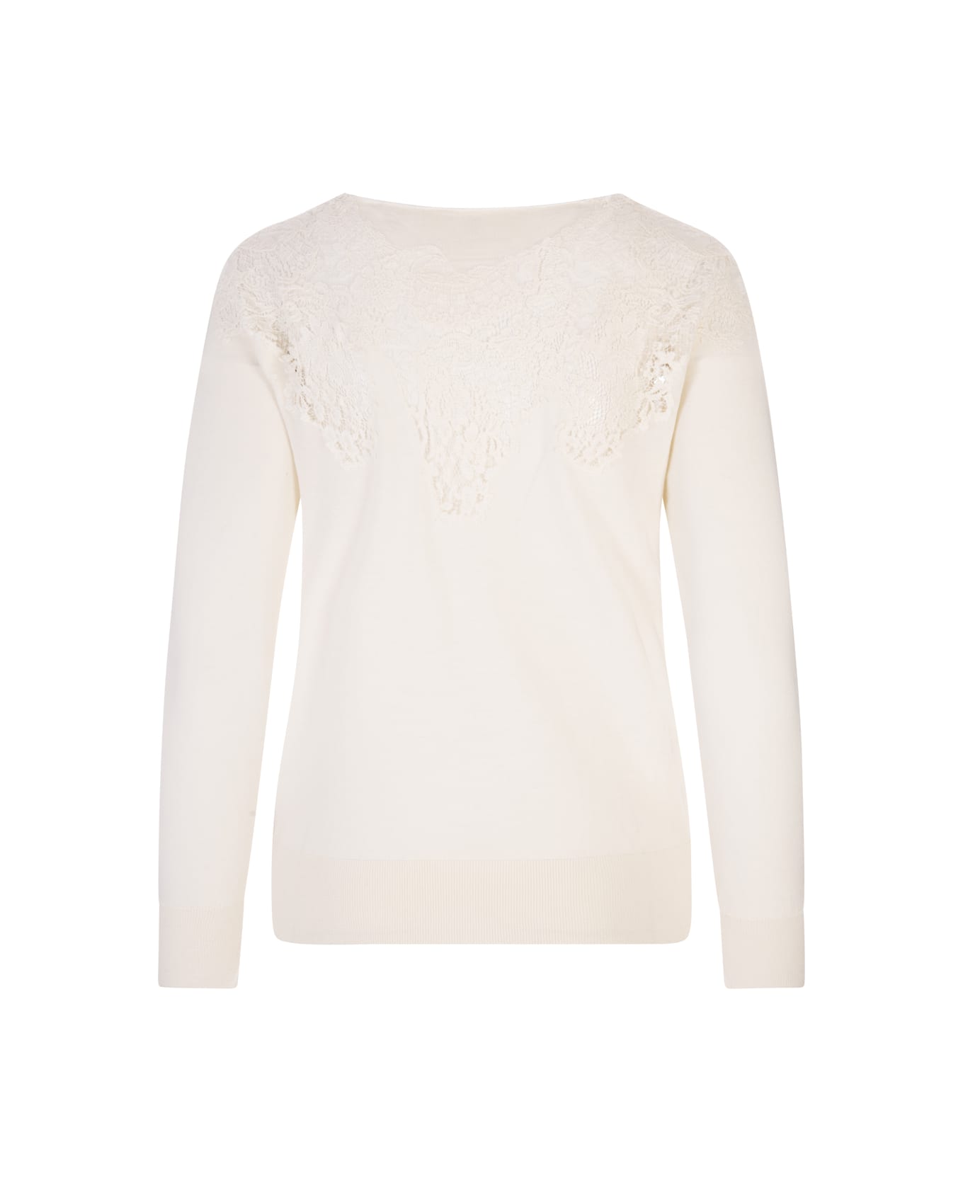 Ermanno Scervino White Wool Sweater With Lace Applications - Bianco