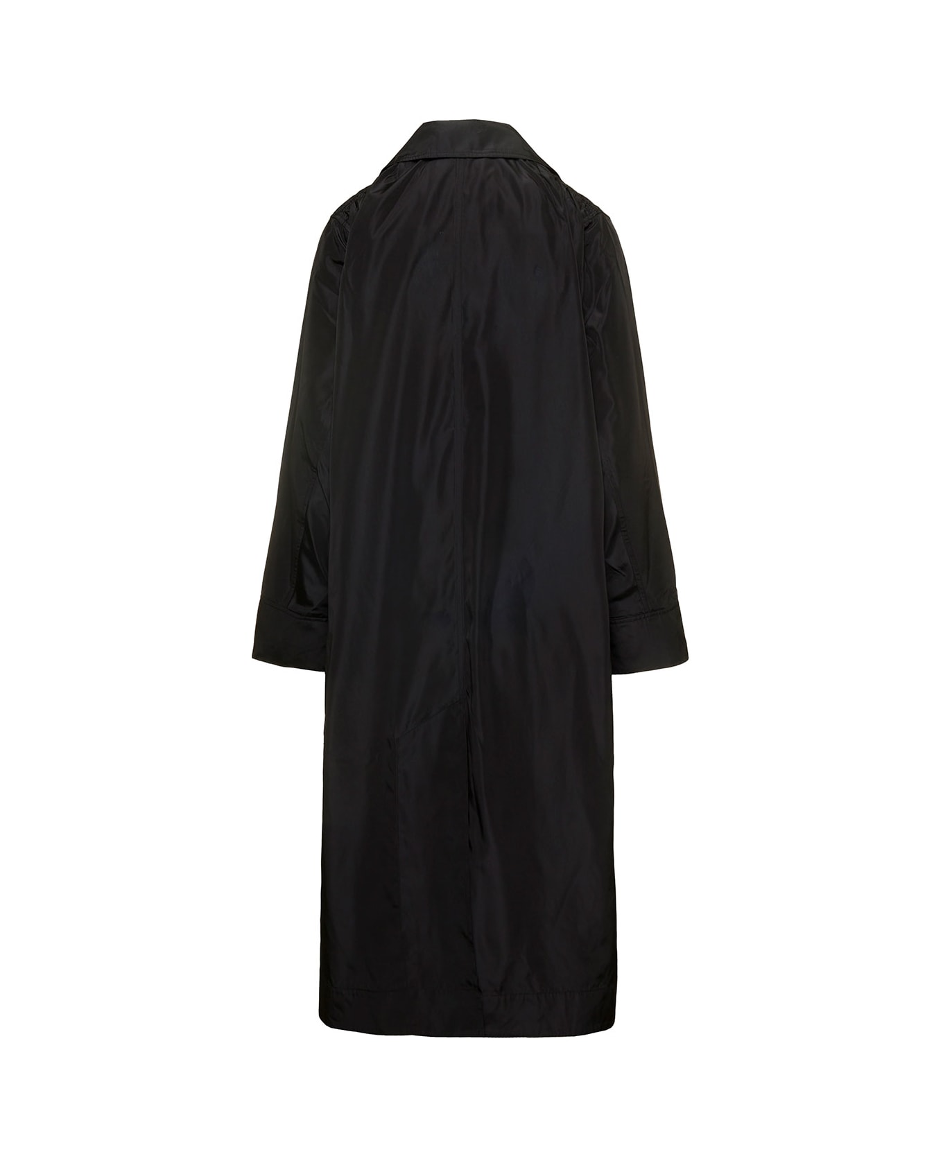 Ganni 'summer' Long Black Single-breasted Trench Coat With Buttons And Patch Pockets In Recycled Tech Fabric Woman - Black