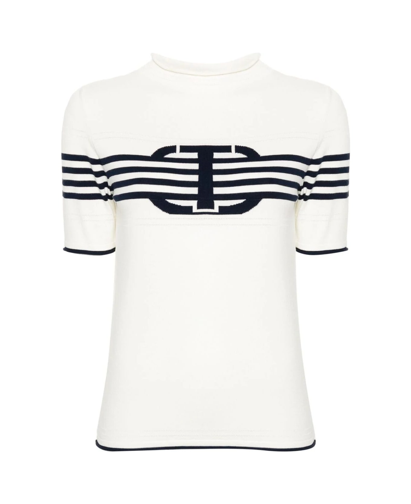TwinSet Short Sleeves High Neck Striped Sweater With Logo - Bic Snow Mid Blue
