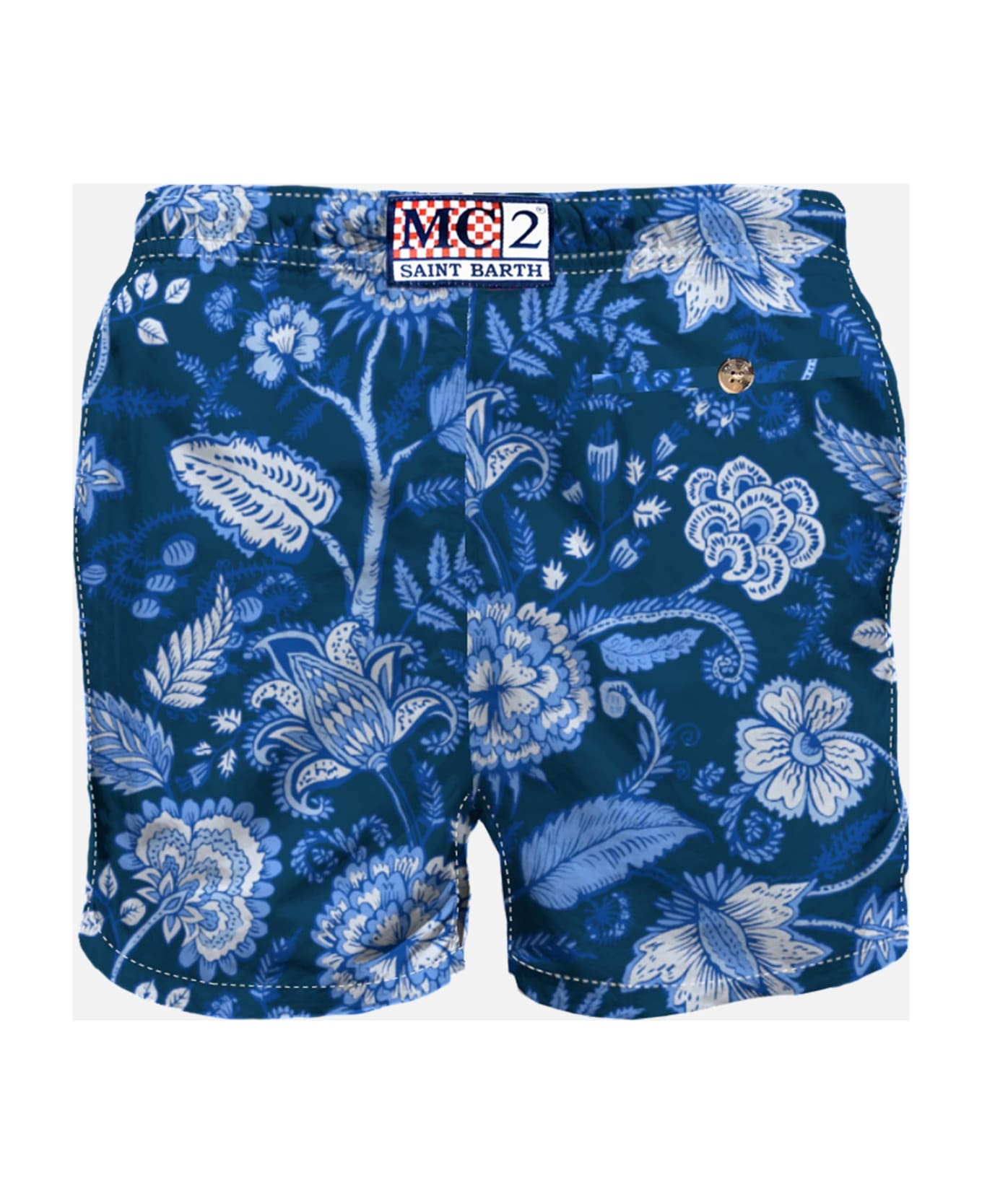 MC2 Saint Barth Man Swim Shorts With Blue Flower Print - BLUE