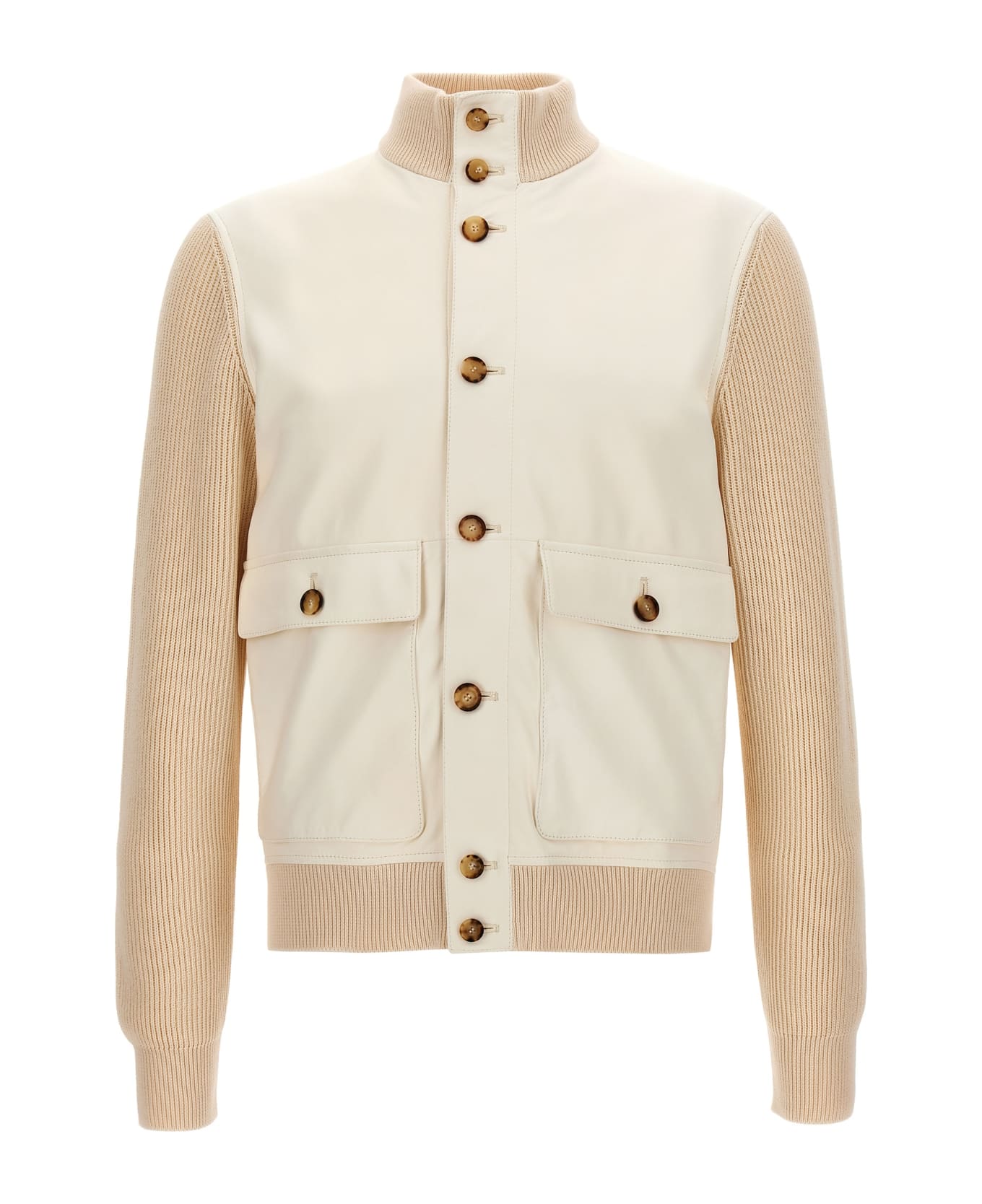 Brunello Cucinelli Leather Jacket With Knit Inserts - Beige