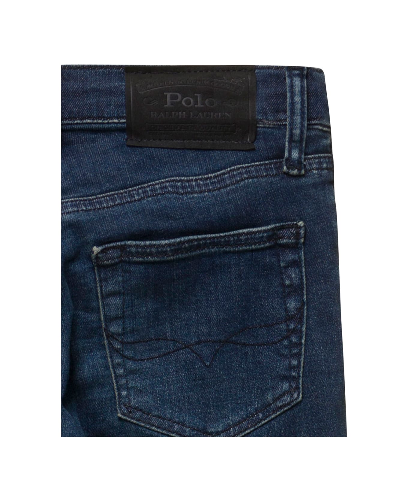 Ralph Lauren Blue Five Pockets Jeans With Logo Patch In Stretch Cotton Denim Boy - Blue ボトムス