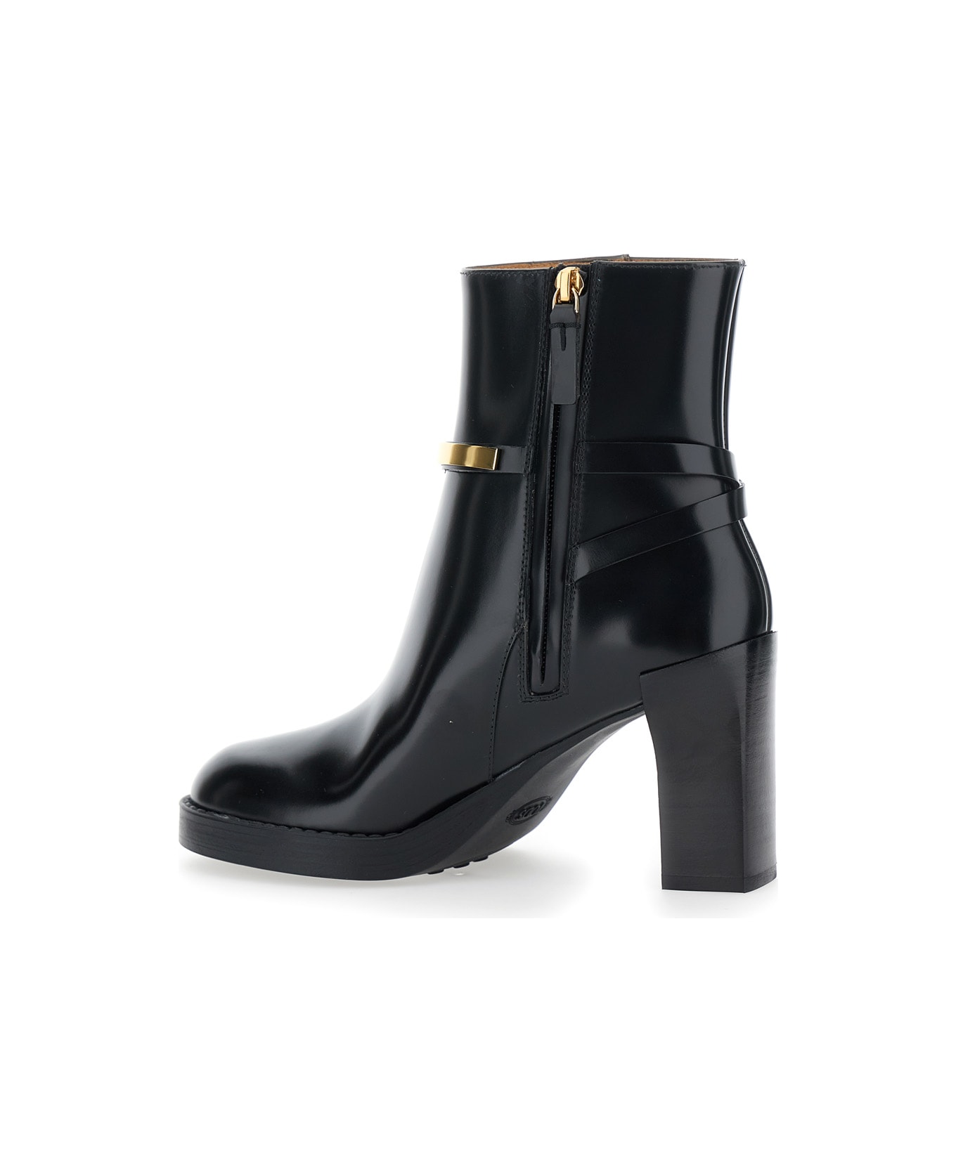 Tod
s Black Ankle Boots With High Block Heel And Gold Metal Detail In Leather Woman - Black