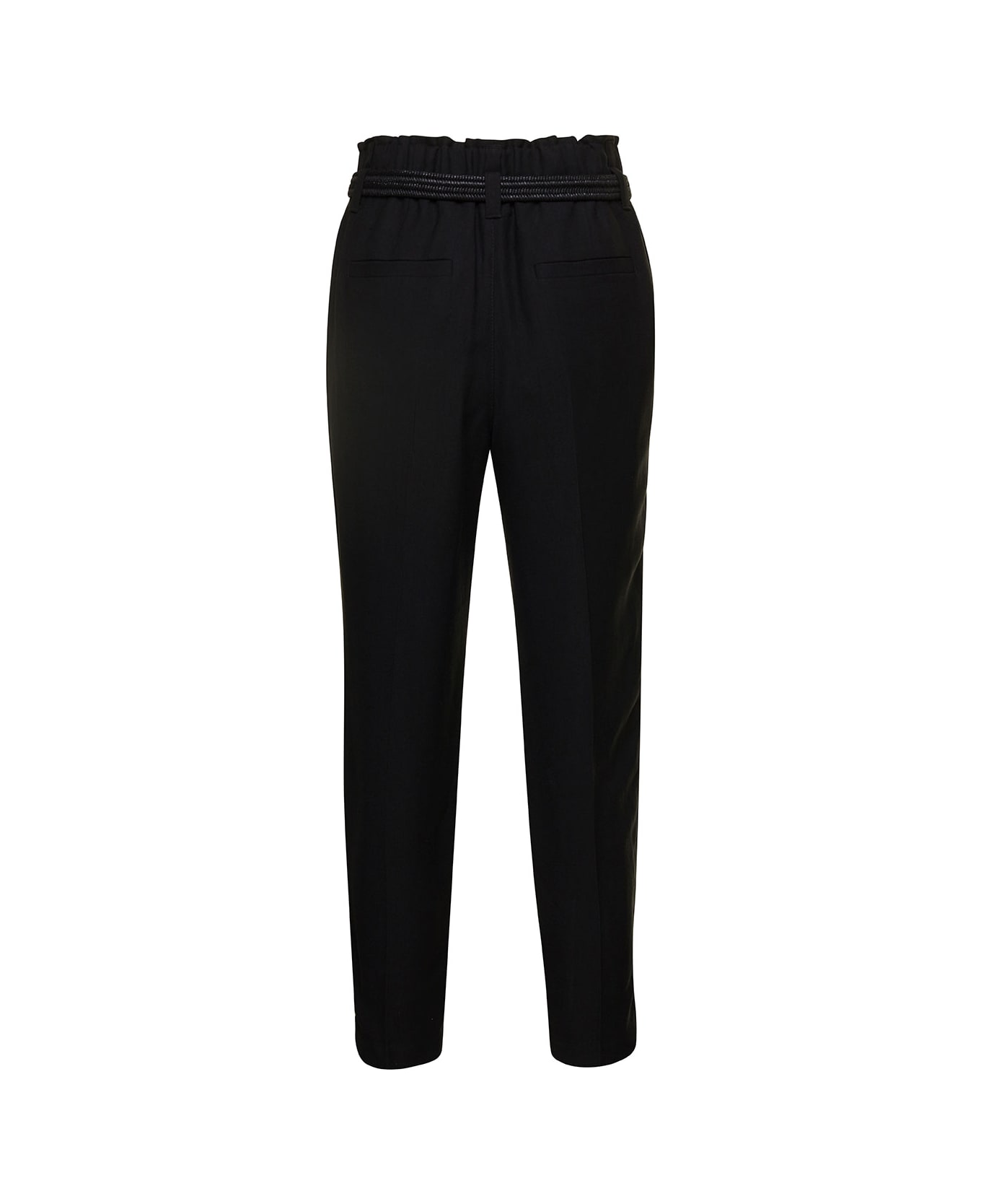 Brunello Cucinelli Black Cropped Pull-up Pants With Belt In Rayon Blend Woman - Black ボトムス
