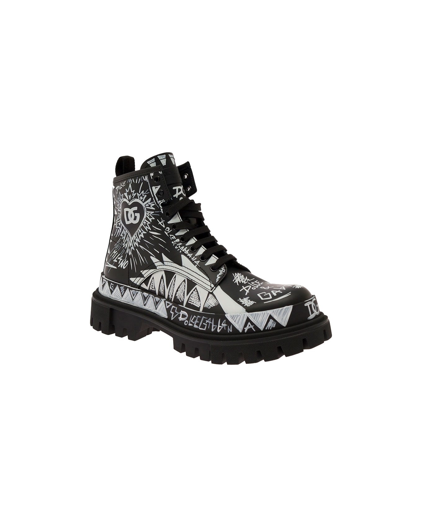 Dolce & Gabbana Black And White Graffiti-print Lace-up Boots In Leather Man Dolce & Gabbana - White/black