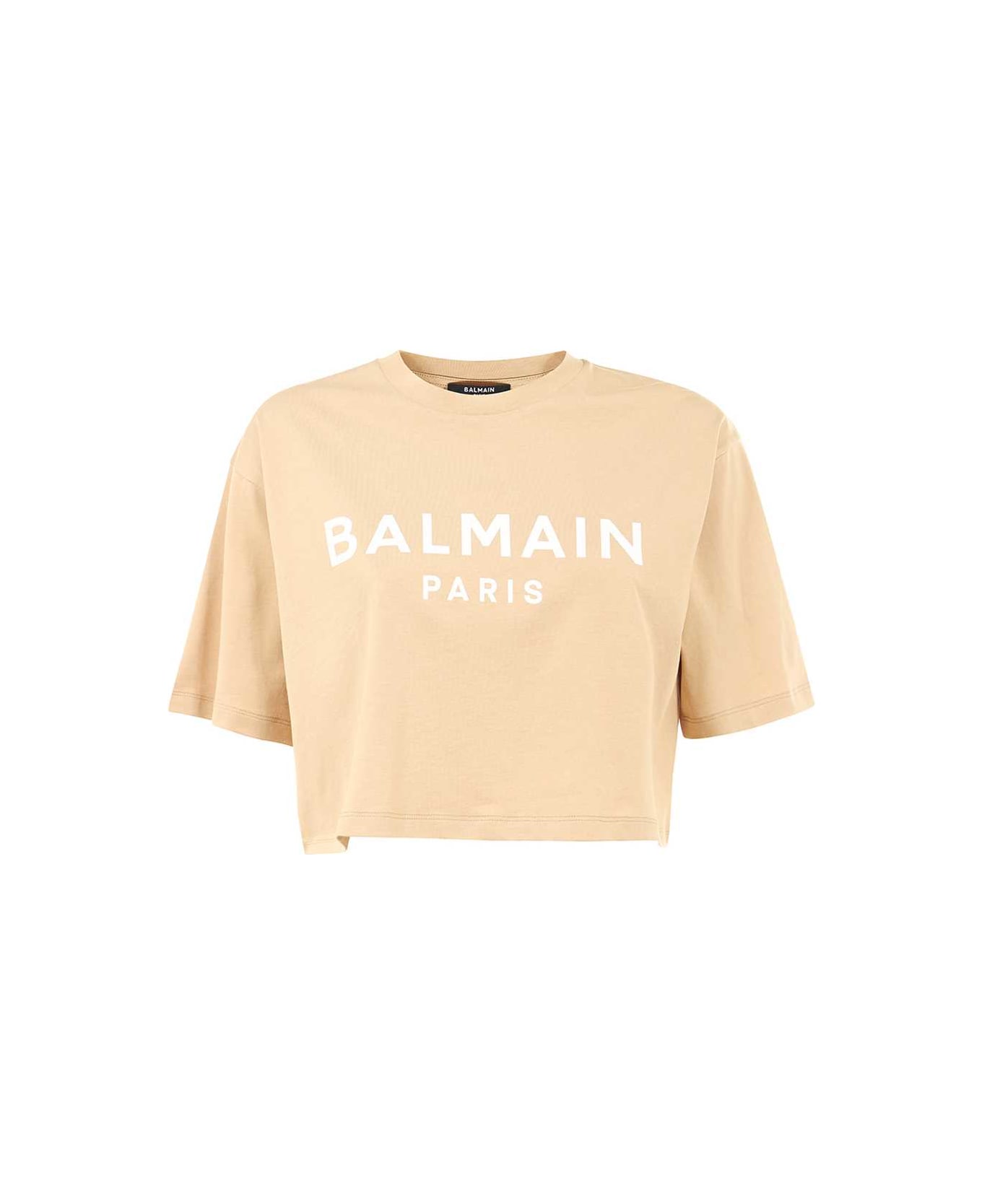 Balmain Logo Detail Cropped T-shirt - Camel