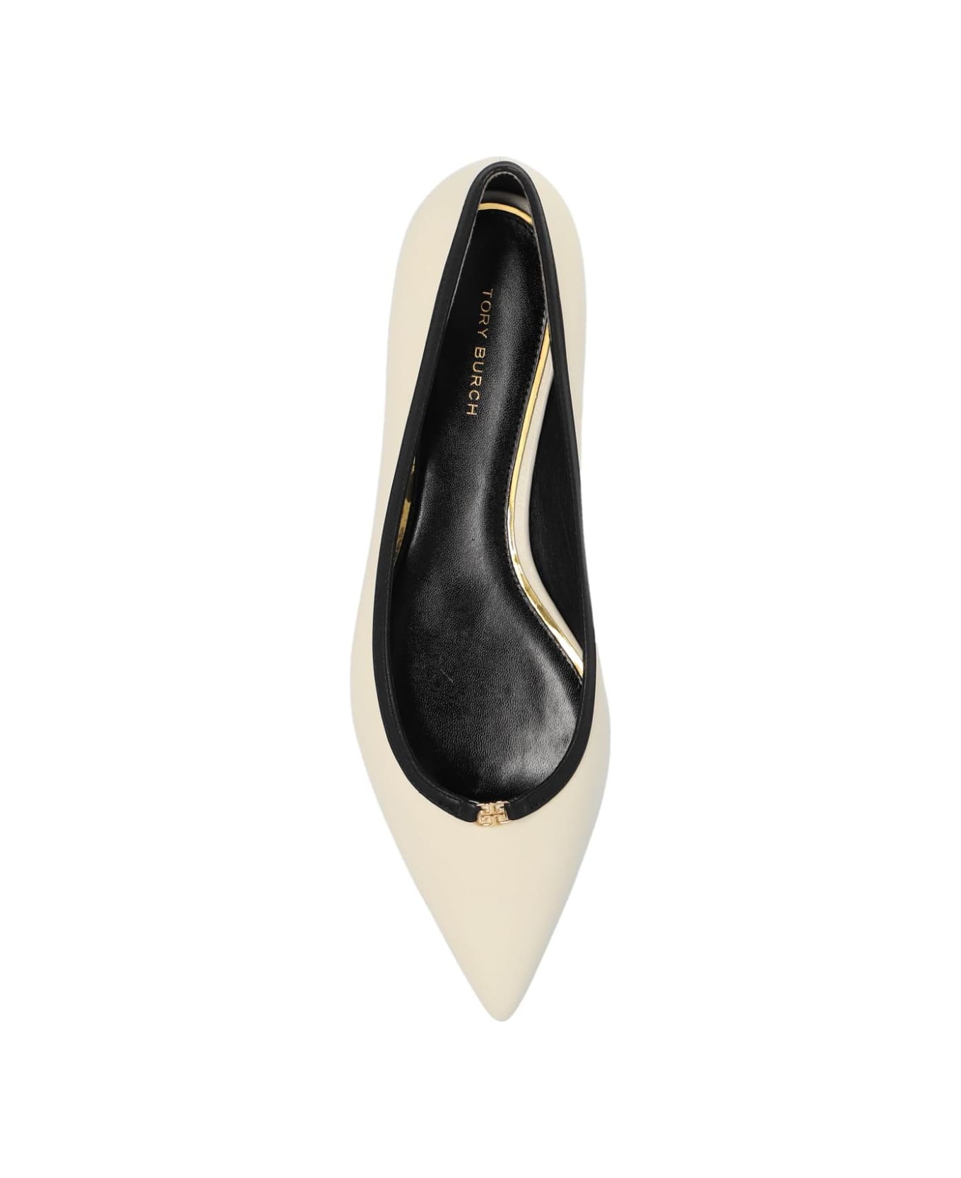 Tory Burch Double T Buckle Pointed Toe Flat - Light Cream Perfect Black