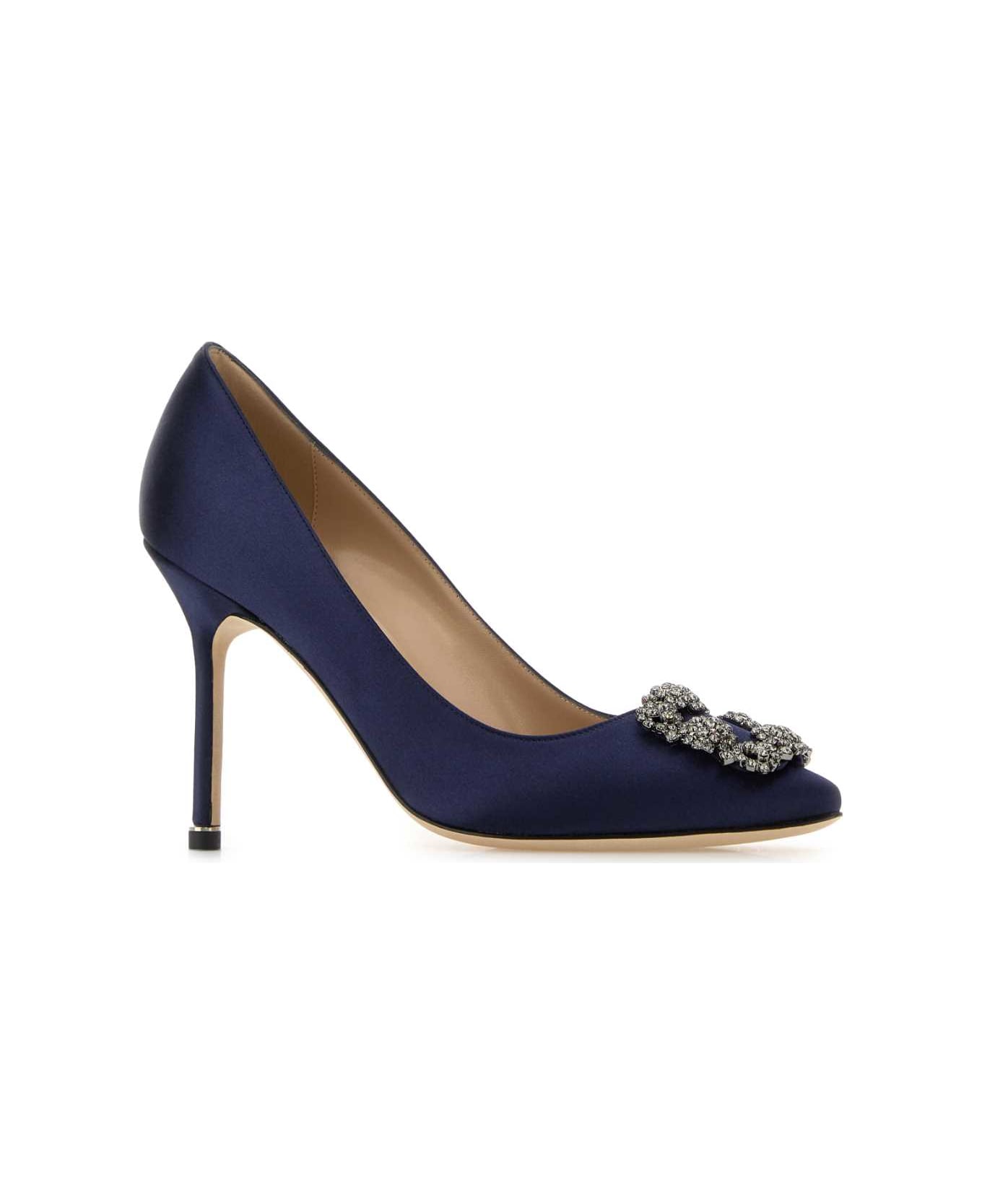 Manolo Blahnik Navy Blue Satin Hangisi Pumps - Navy