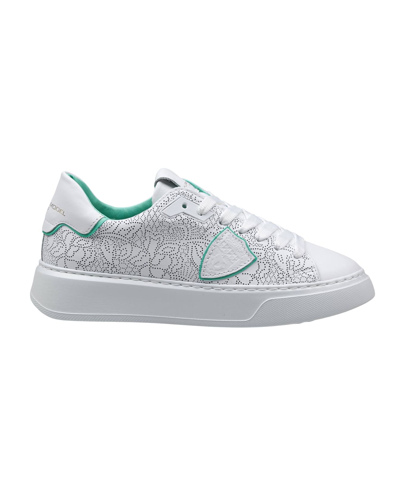 Philippe Model Temple Perforated Leather Sneakers Color White And Green - White