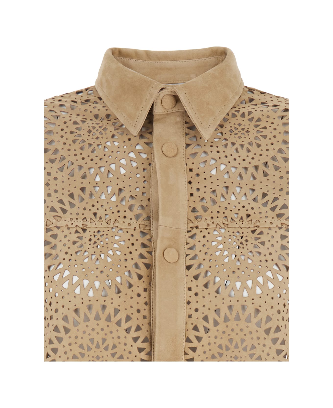 Eleventy Beige Shirt With Classic Collar And All-over Perforated Motif In Suede Woman - Beige