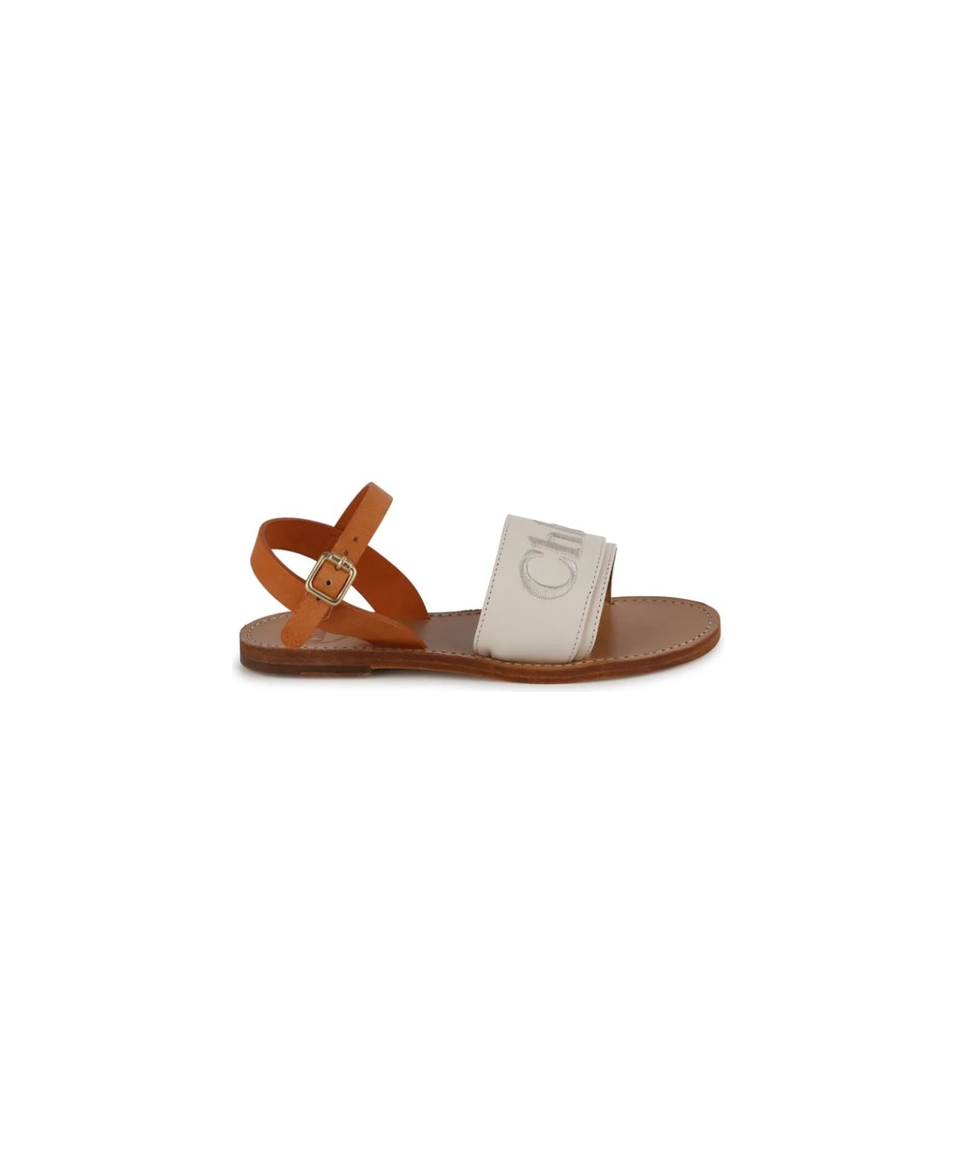 Chloé Cream And Brown Leather Sandals With Embroidered Logo - Brown シューズ