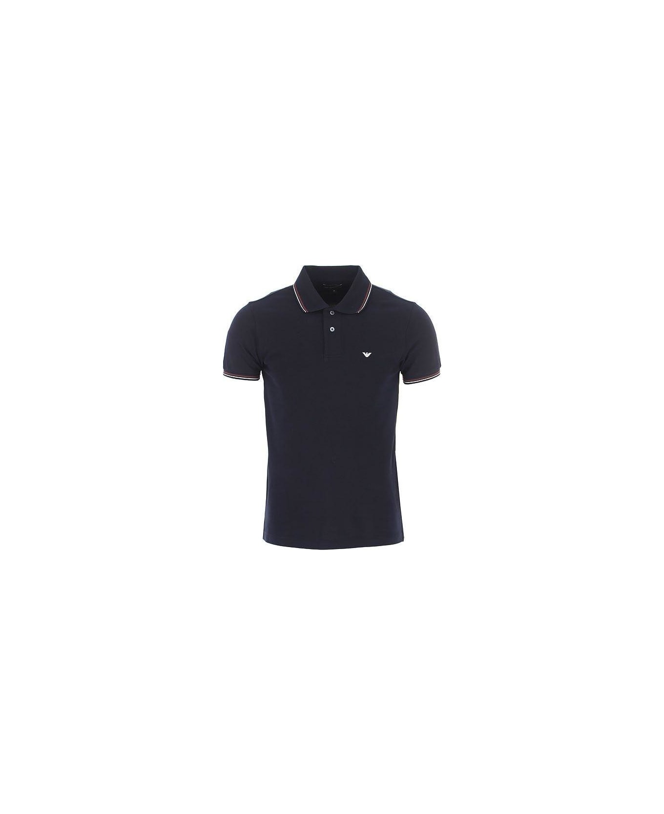 Emporio Armani Logo Embroidered Short Sleeved Polo Shirt - Blue