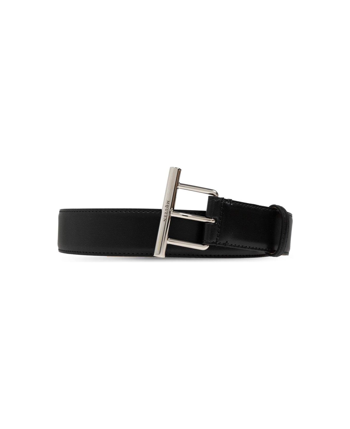 Alexander McQueen T-bar Buckled Logo Engraved Belt - Nero