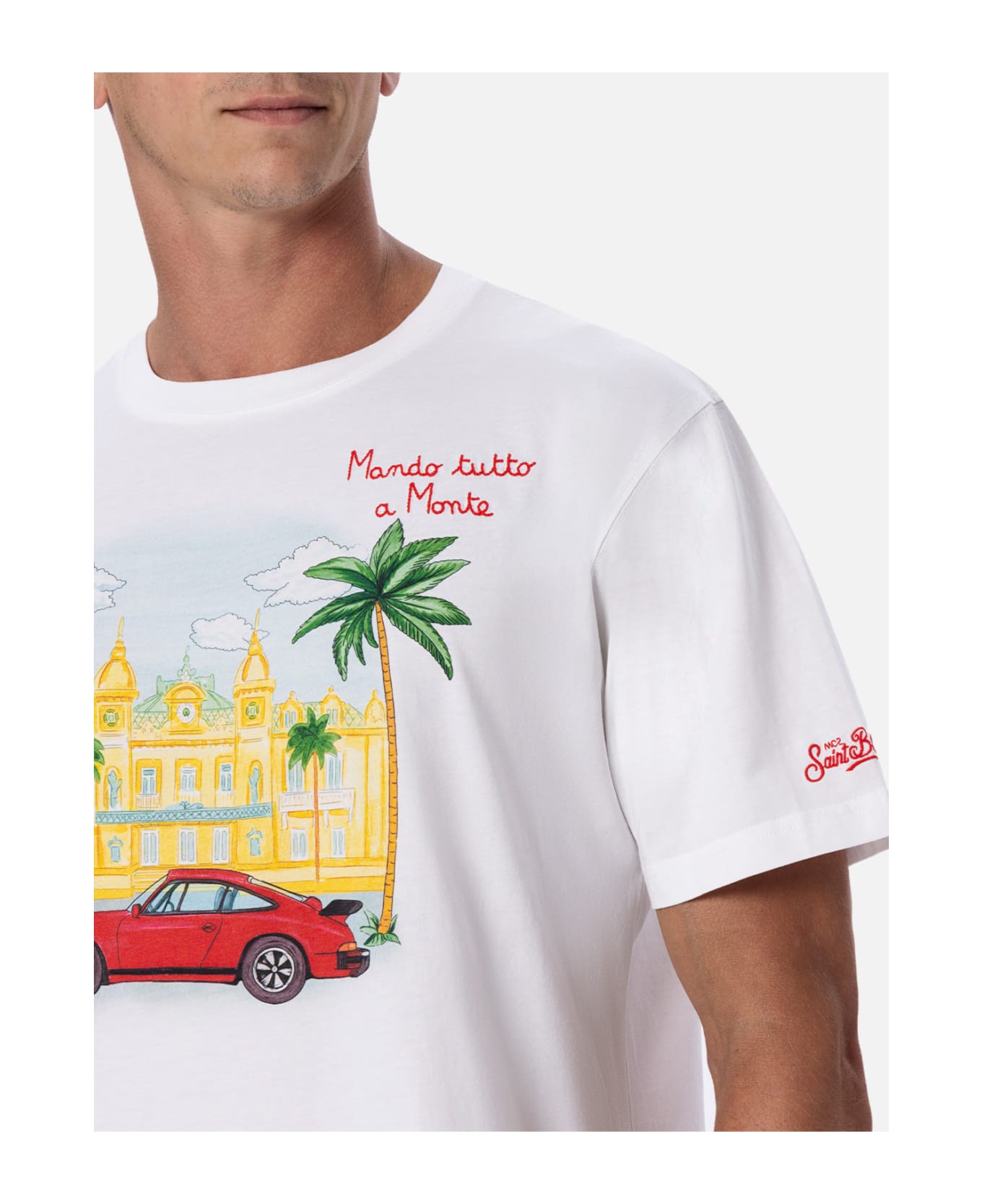 MC2 Saint Barth Man Cotton T-shirt With Montecarlo Placed Print And Embroidery - WHITE