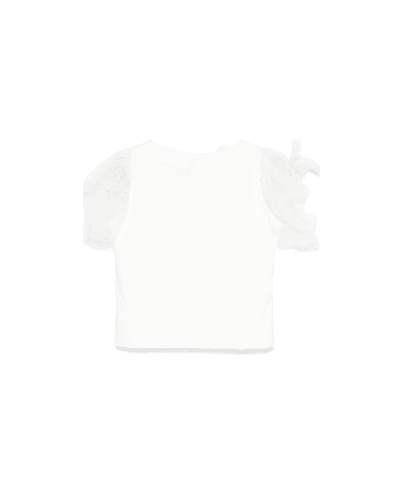 Monnalisa White Crew-neck T-shirt With Tulle Sleeves In Cotton Girl - White