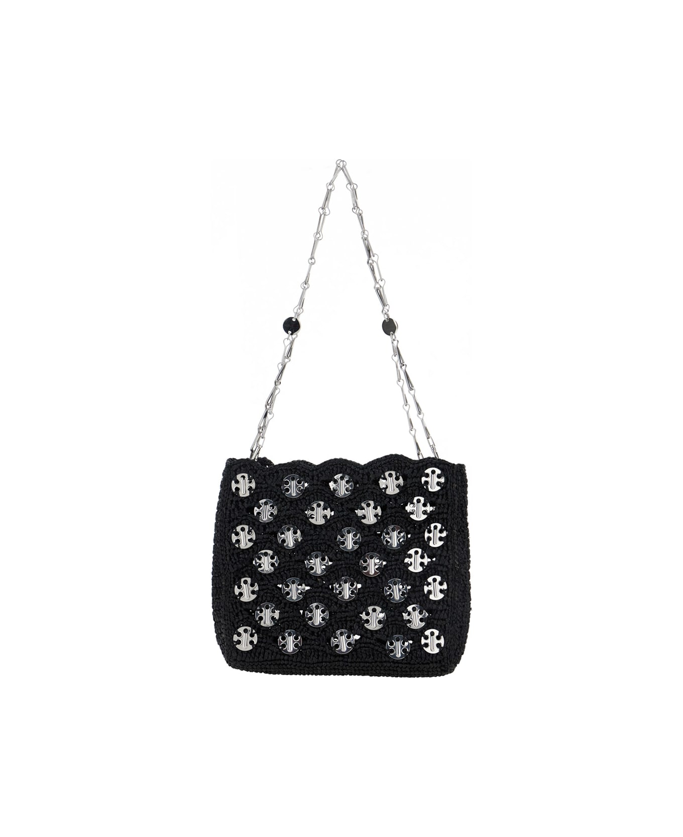 Paco Rabanne 'iconic 1969' Black Shoulder Bag With Embedded Metallic Discs In Raphia Woman - Black