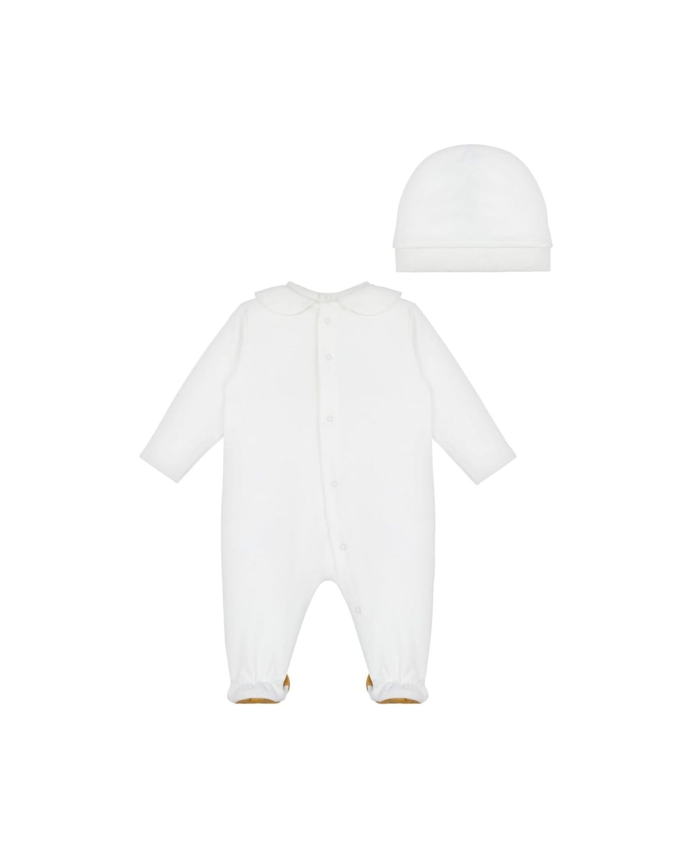 Moschino White Set With One-piece And Beanie With Logo Detail In Cotton Baby - White
