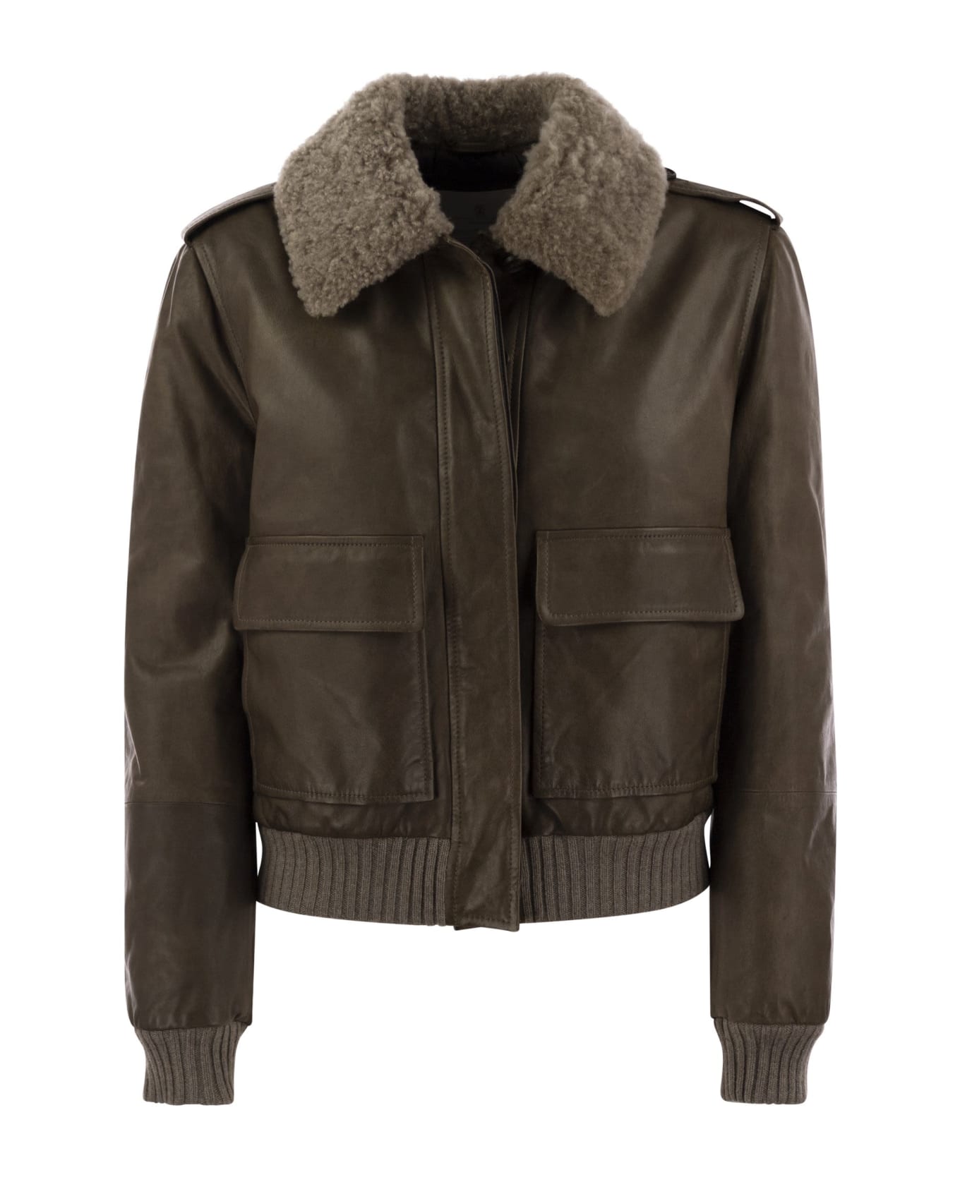 Brunello Cucinelli Leather Bomber Jacket And Shearling Collar - Brown