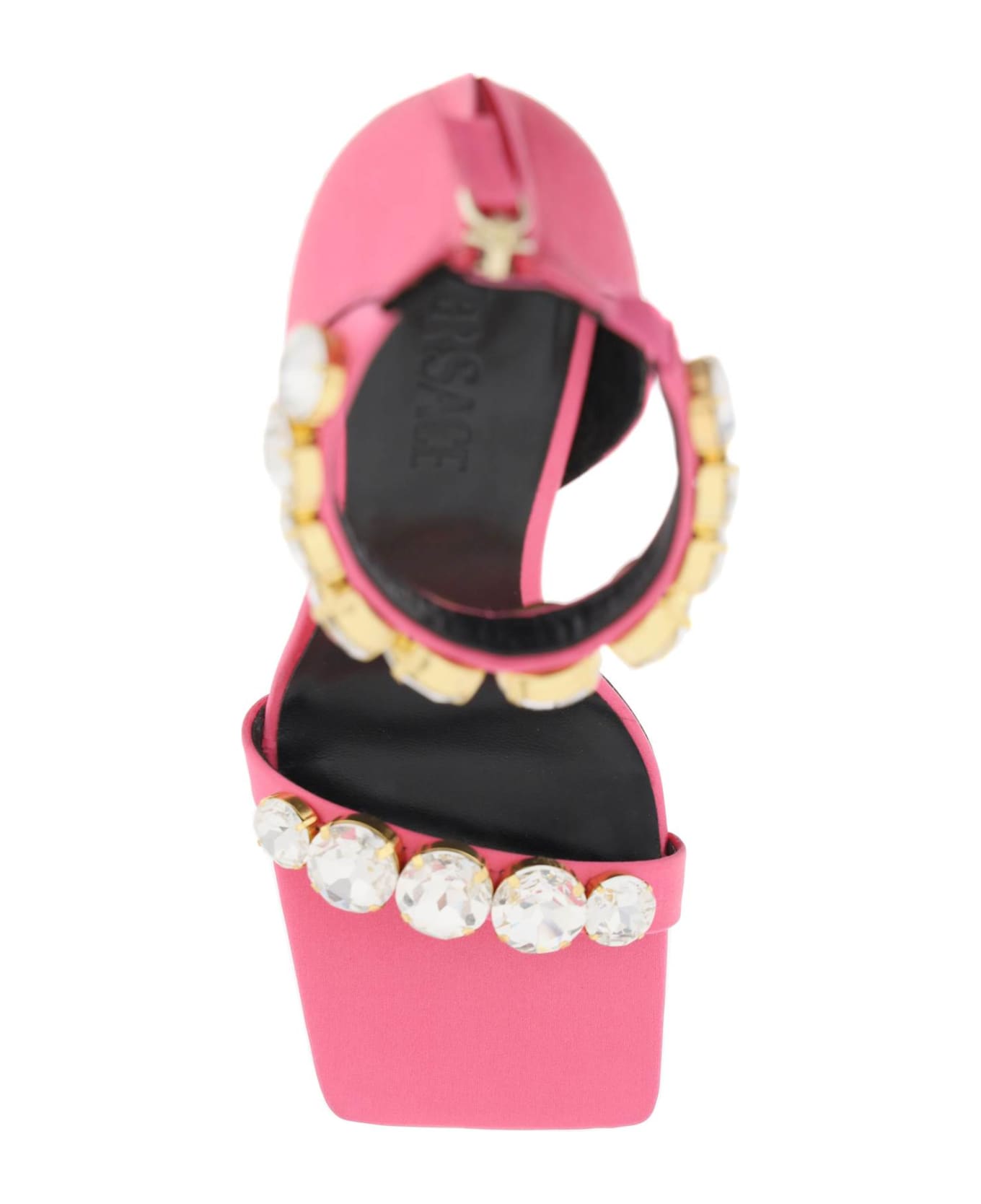 Versace Crystal Satin Sandals - FLAMINGO VERSACE GOLD (Pink)