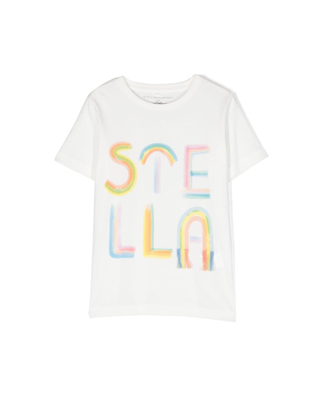 Stella McCartney Kids T-shirt A Maniche Corte Con Maxi Stampa Logo In Cotone Multicolor Bambina - White