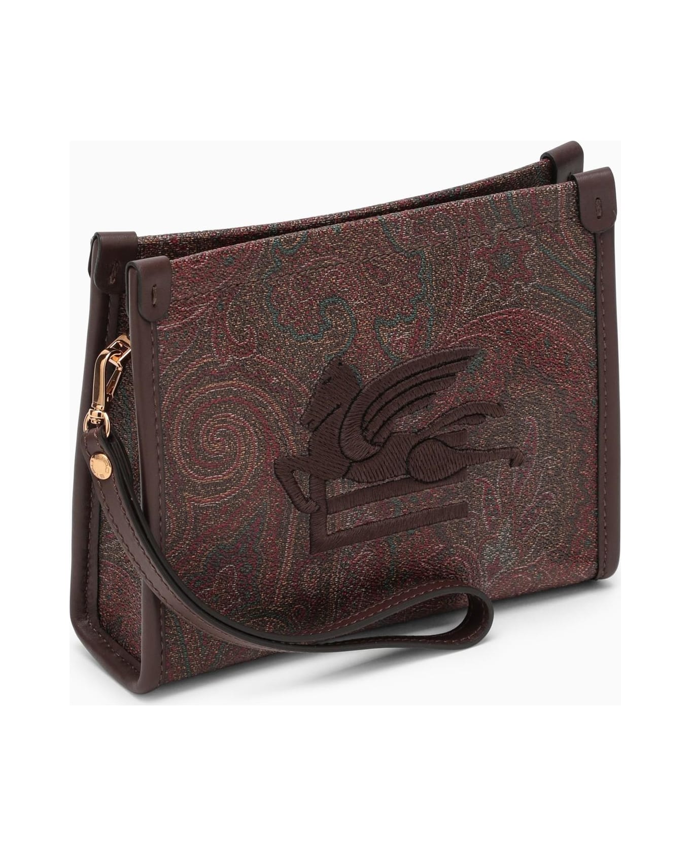 Etro Paisley Clutch Bag In Coated Canvas With Logo - Marrone