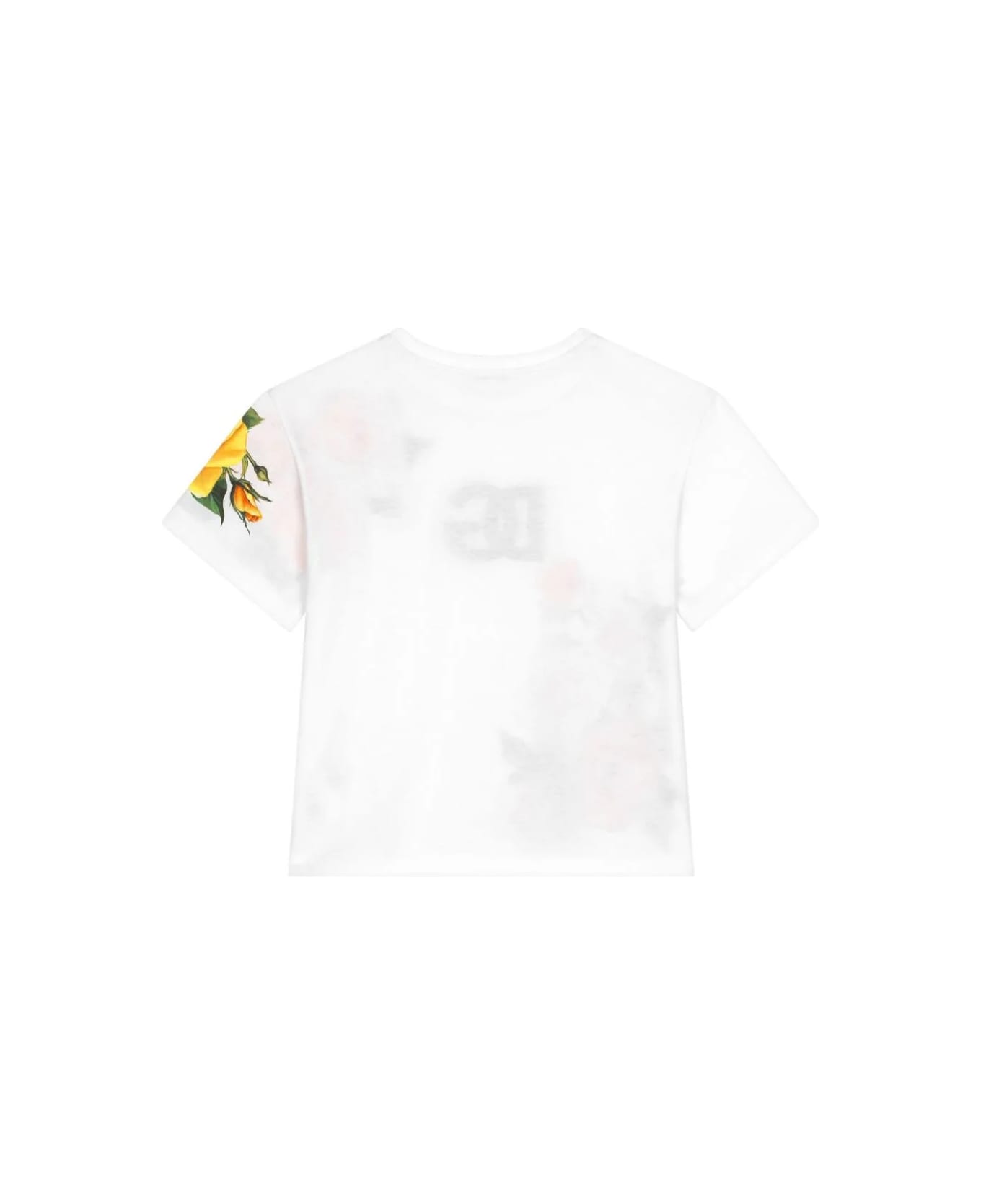 Dolce & Gabbana T-shirt With Dg Logo And Yellow Rose Print - Bianco